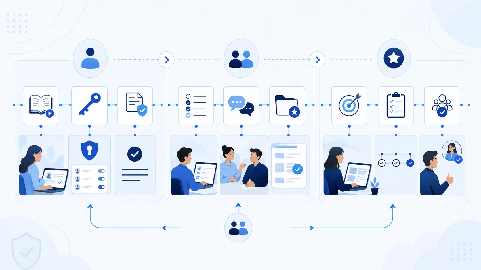 accessible training、safe access、evidence checkpoint、feedback、human reviewを含む3-phase onboarding workflow