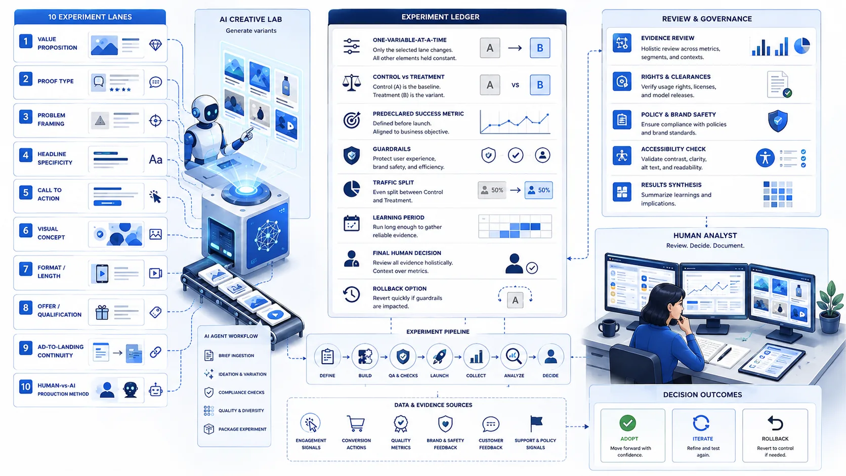 Ten ad creative experiment lanes feed a controlled test ledger while AI generates variants and a human reviews evidence and guardrails
