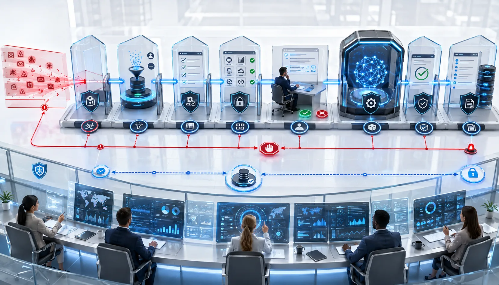 Human operations team supervising layered AI safeguards for input quarantine, data minimization, policy validation, tool permissions, approval, controlled execution, output validation, audit, and fail-safe stop