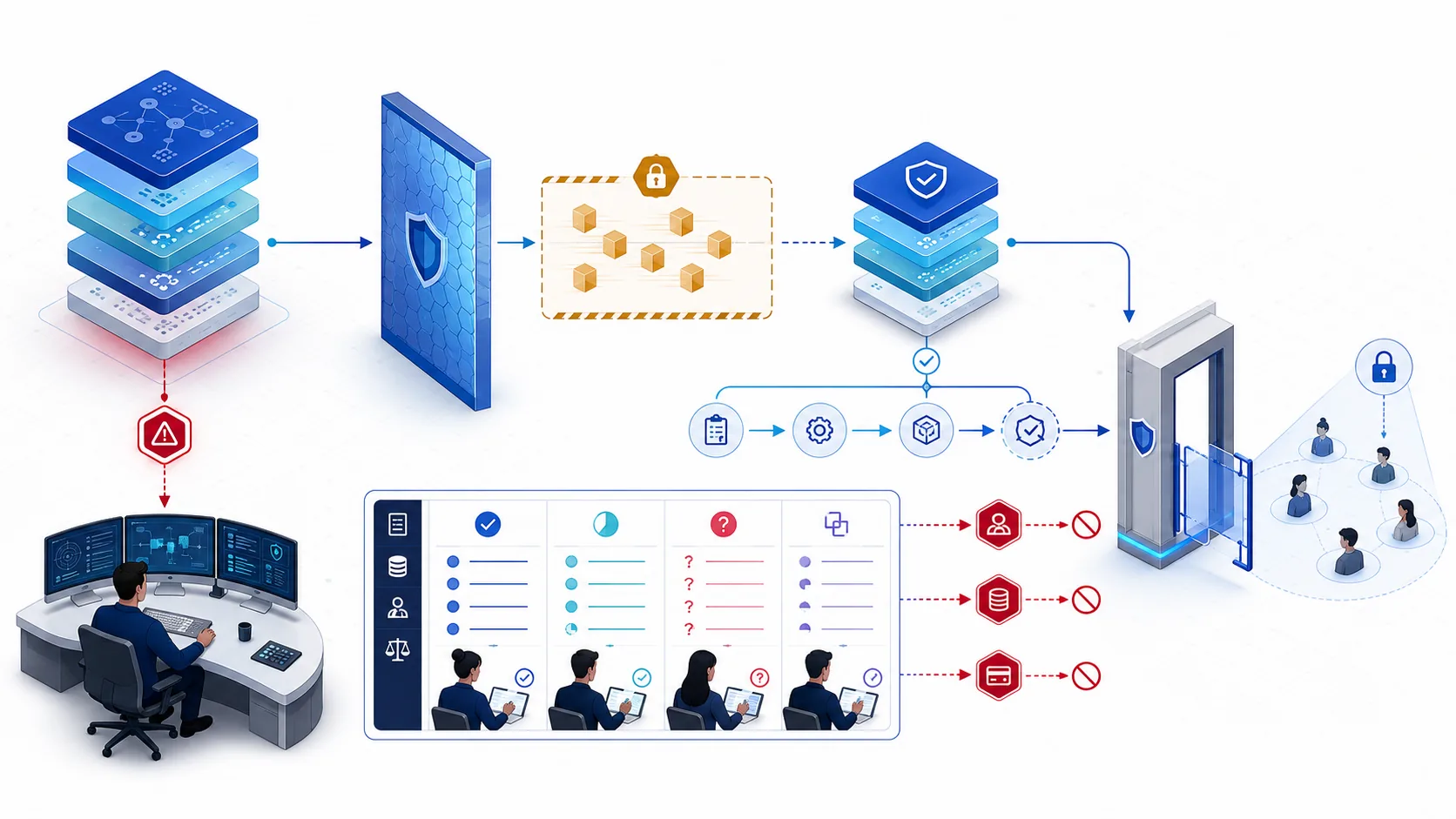 A faulty active manifest triggers incident command, containment and quarantine before a verified target is restored, business effects are reconciled, three unresolved branches remain blocked and a small cohort is partially reopened