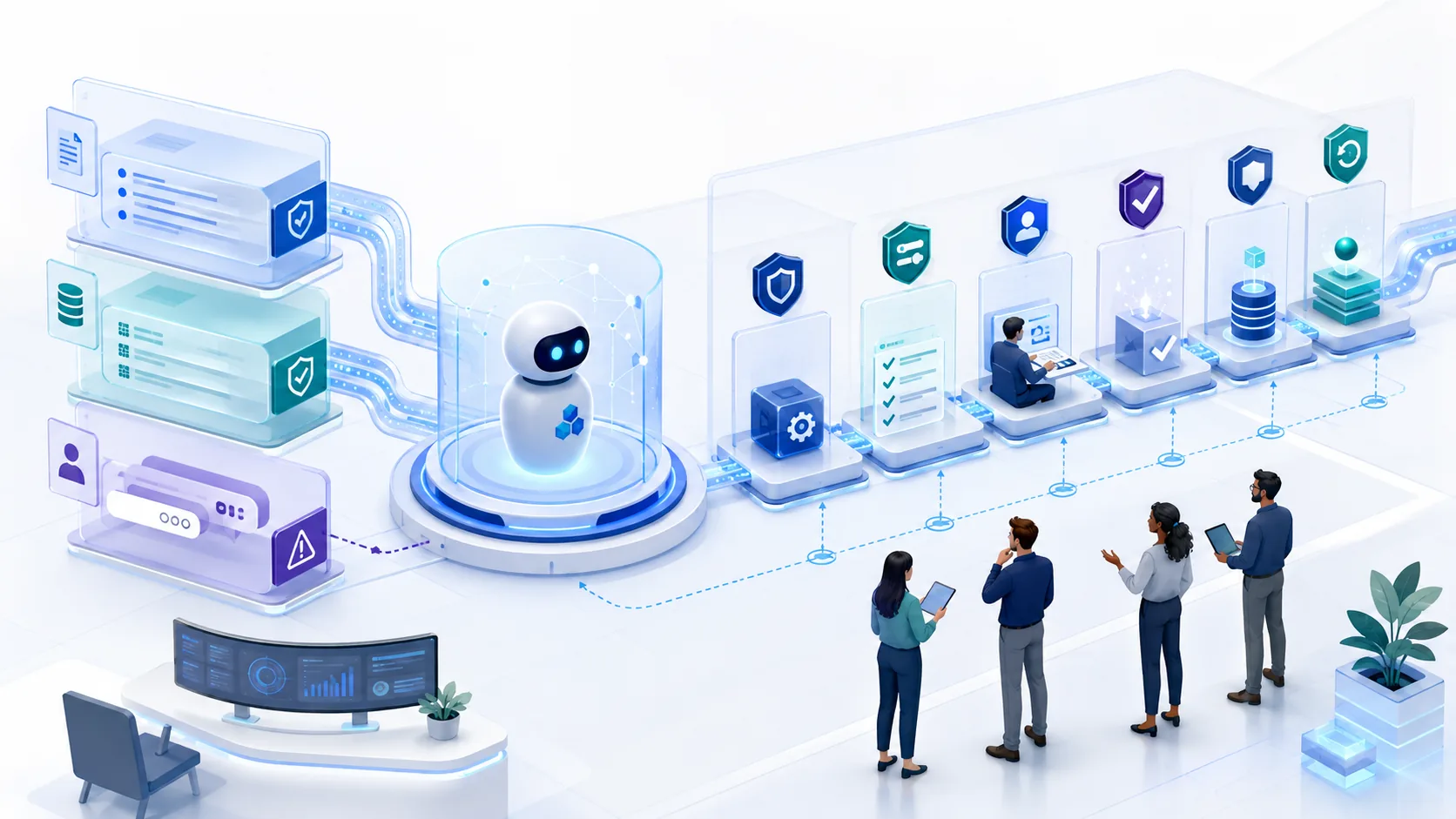 Operations and technical team reviewing an AI agent control chain with separated instructions, permissions, validation, approval, logging, and rollback checkpoints