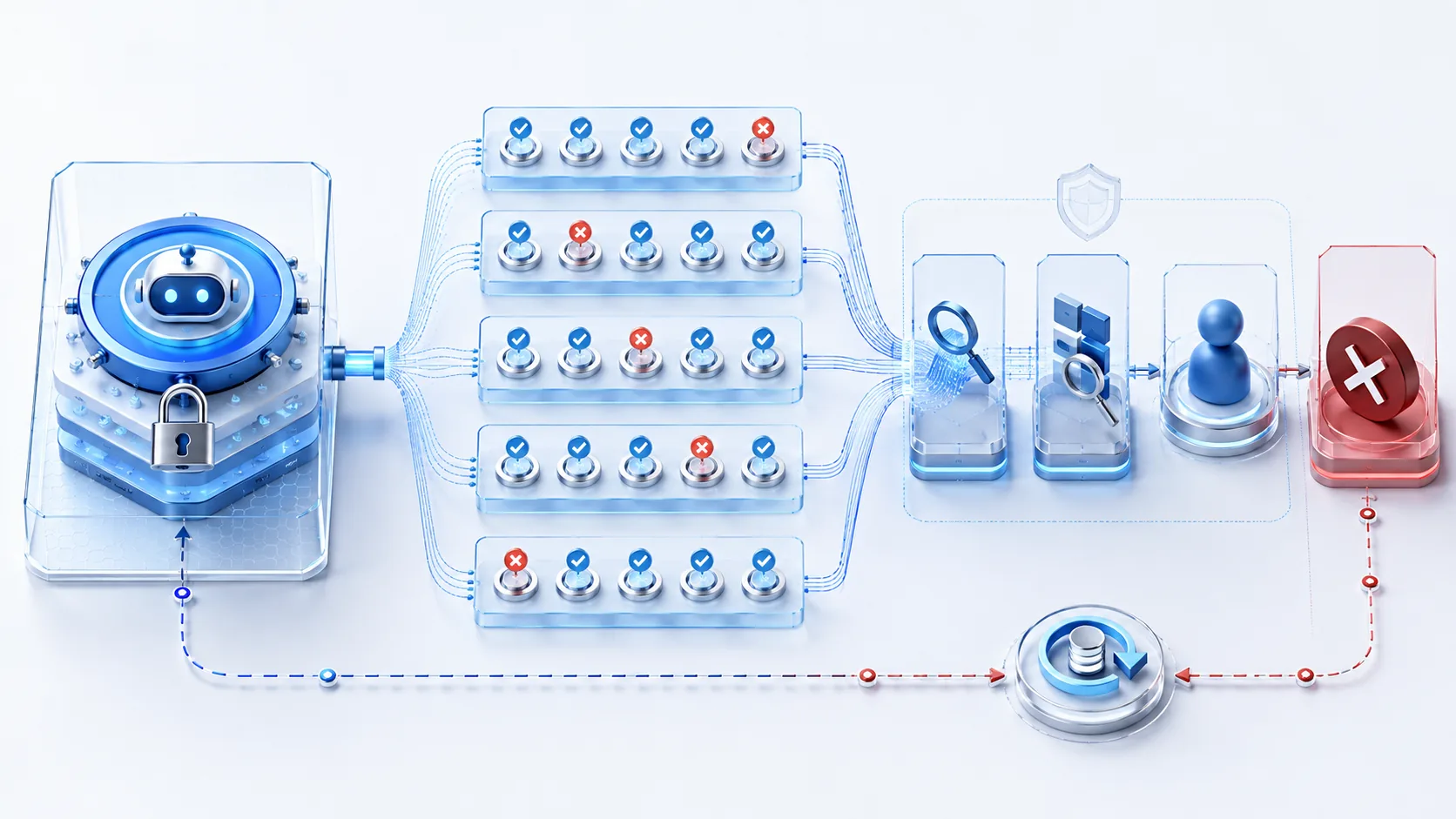 A frozen AI agent configuration connects to five suites of five tests before trace inspection, state review, a human gate, blocked release and rollback