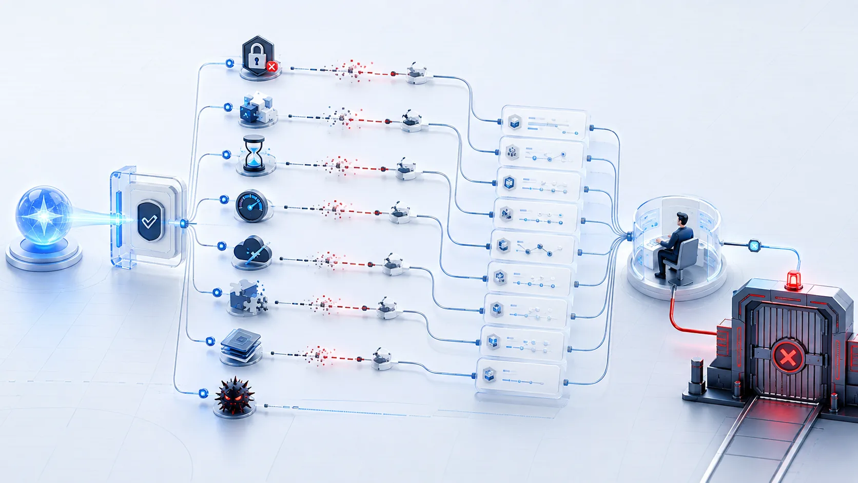 One approved intent enters eight distinct tool failure lanes, an evidence and reconciliation ledger, a human review station, a red veto route and a locked deployment gate
