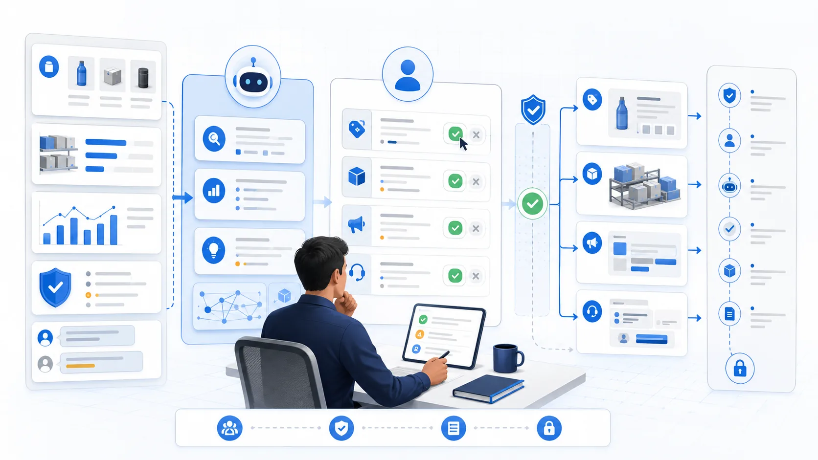 A human owner reviews an AI assistant that turns Amazon seller data into bounded listing, inventory, advertising, and support actions with approval and audit controls