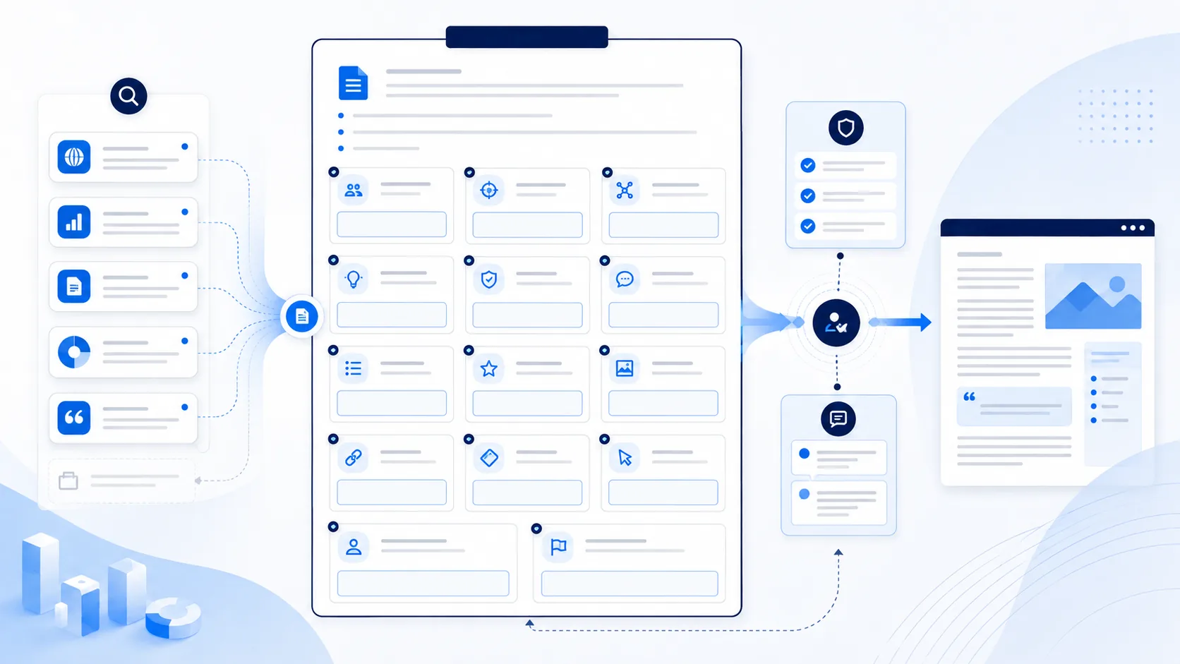 Fourteen evidence-backed content brief fields flowing through human editorial review into a finished article