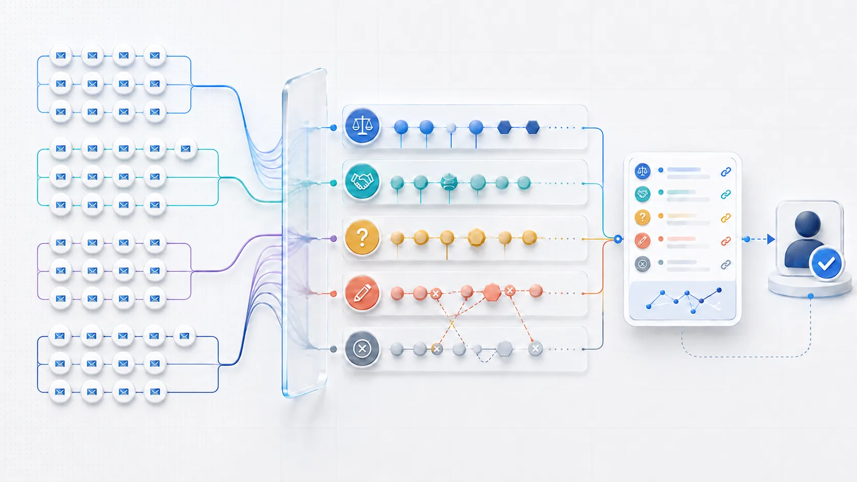 Fifty abstract email nodes form four reply branches, pass through five evidence ledgers into a cited brief, and reach a human review checkpoint