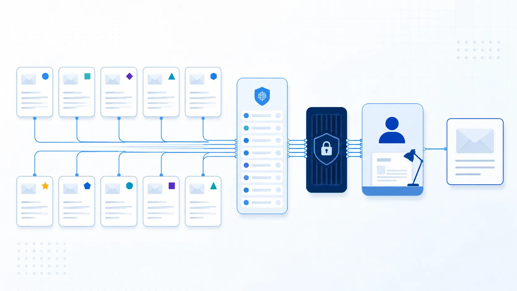 Ten abstract email cards in two rows of five flow into an evidence ledger, permission gate, human review and one bounded draft