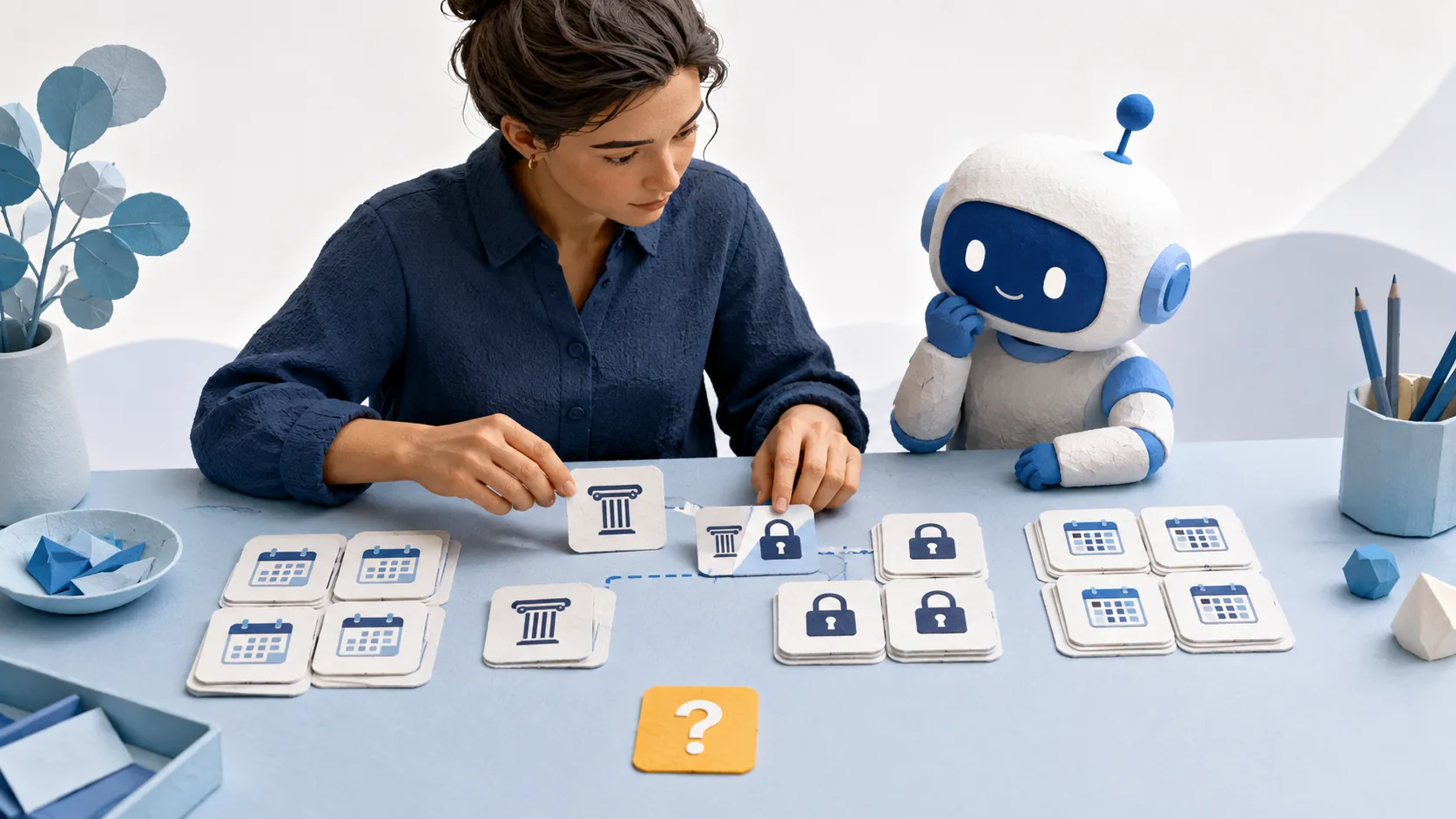 A human researcher and blue AI assistant examine grouped message cards, with an amber question-mark card kept apart
