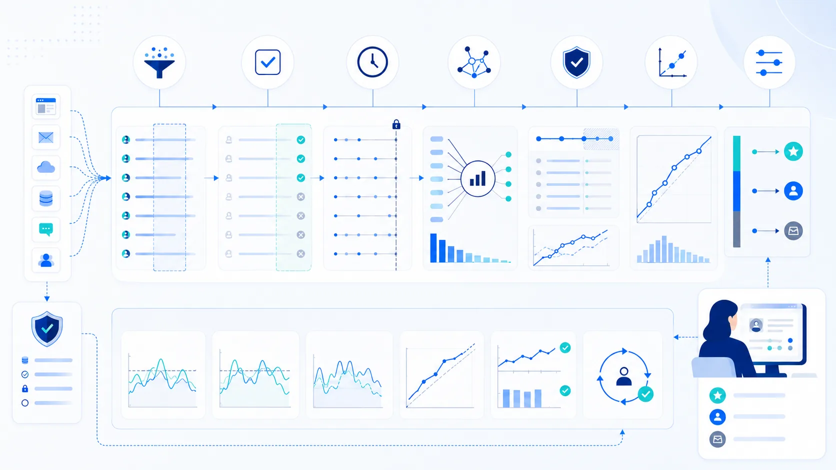 Governed AI lead-scoring lifecycle from approved records and time-bounded labels through transparent modeling, temporal validation, calibration, routing thresholds, human review, and drift monitoring