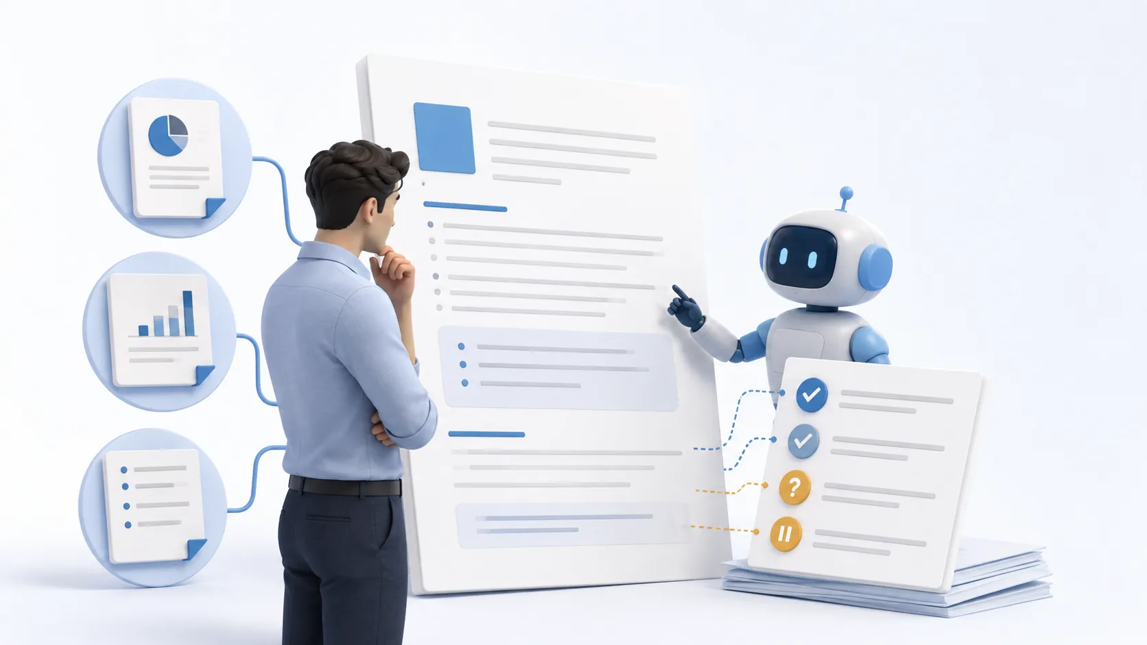 A product manager and blue AI assistant review a requirements document linked to source cards and a checklist with unresolved items
