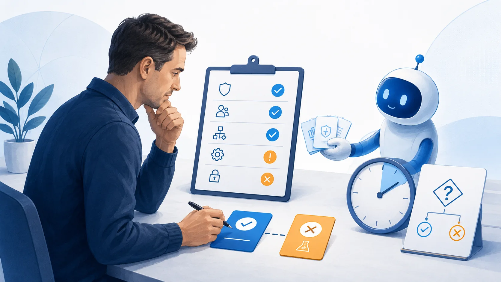 A human reviewer compares a completed-task card with a failed-validation card while an assistant offers evidence and a clock represents review timing