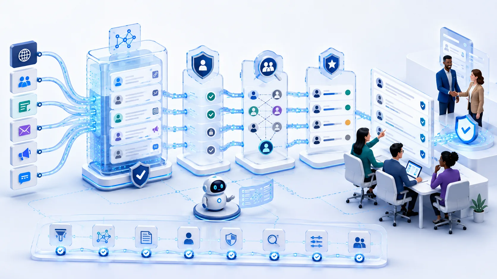 Marketing and sales team reviewing an AI-assisted lead pipeline with source, privacy, duplicate, qualification, and handoff checkpoints