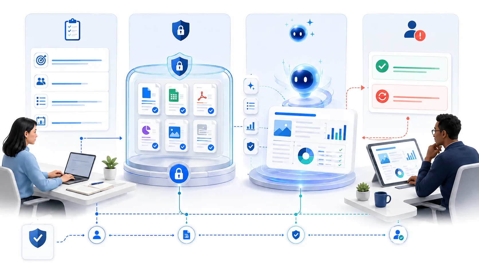 Human and AI collaboration workflow with a task brief, approved sources, a structured deliverable, and a human review gate