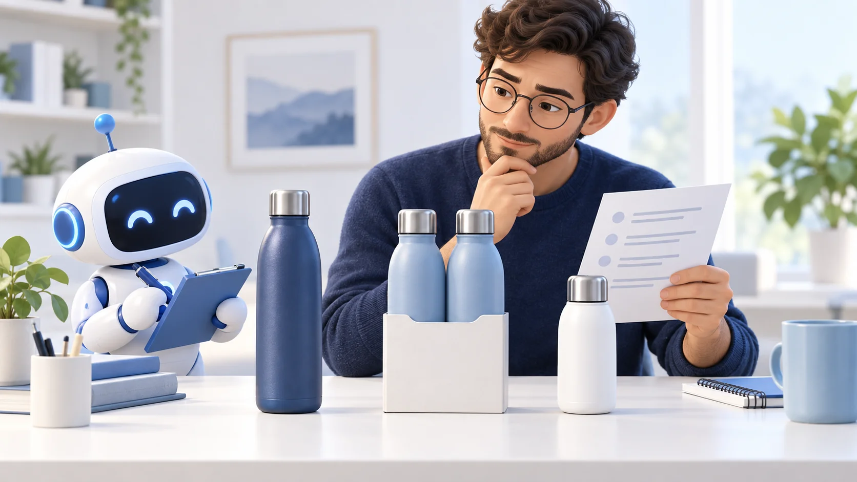Researcher and blue AI assistant comparing a single bottle, a two-bottle pack and a smaller bottle