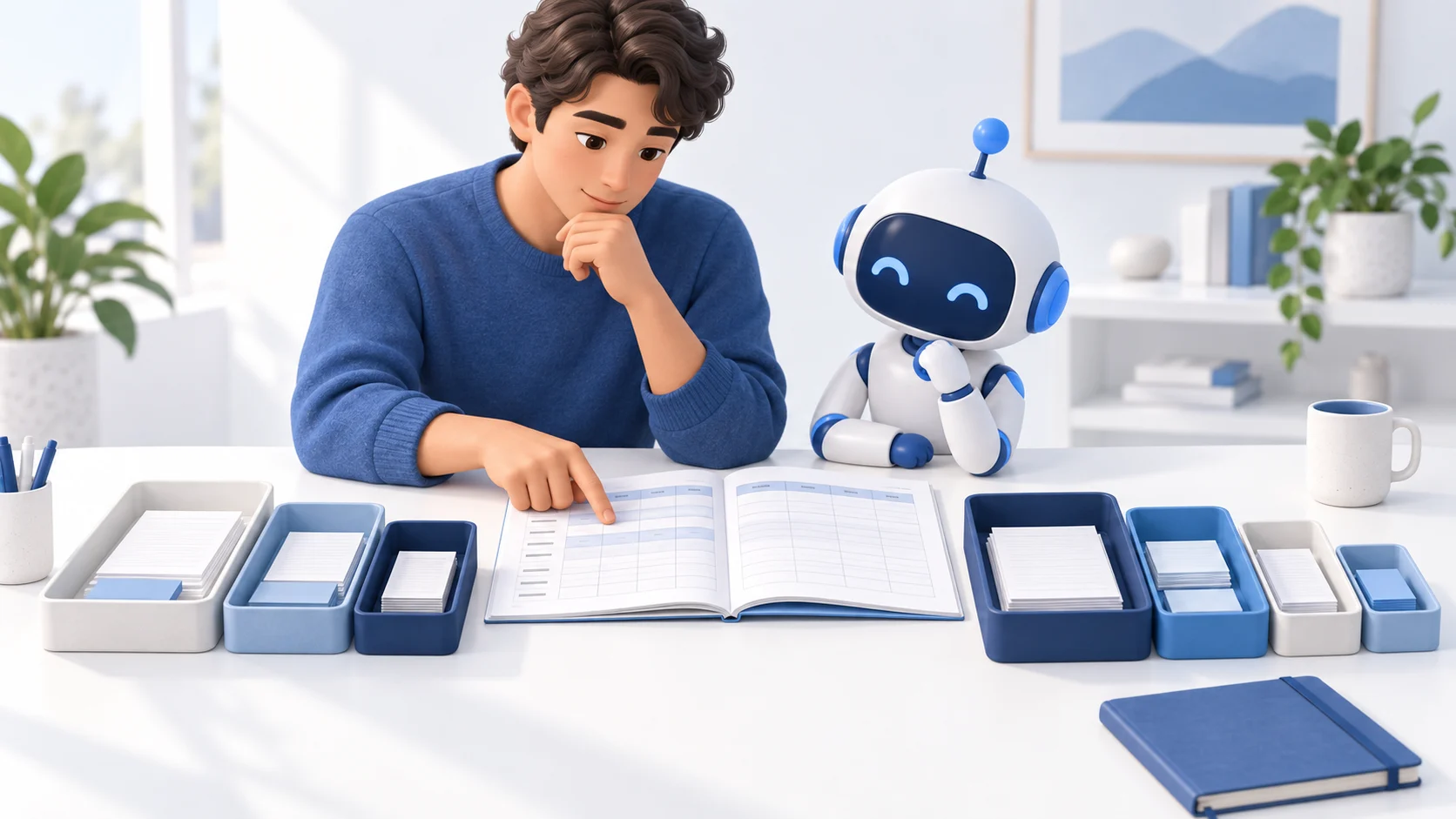 Analyst and blue AI assistant reviewing a workbook beside three-piece and four-piece organizer sets