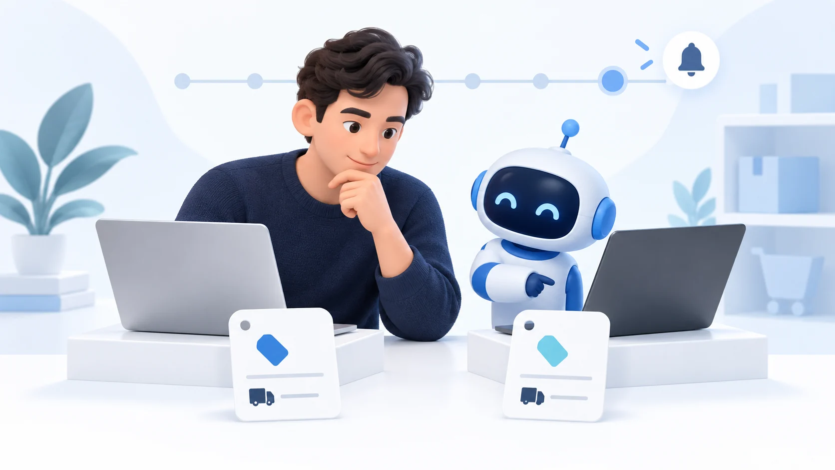 担当者と青いAIアシスタントがノートパソコンの横で価格と送料のタグを比較するイラスト