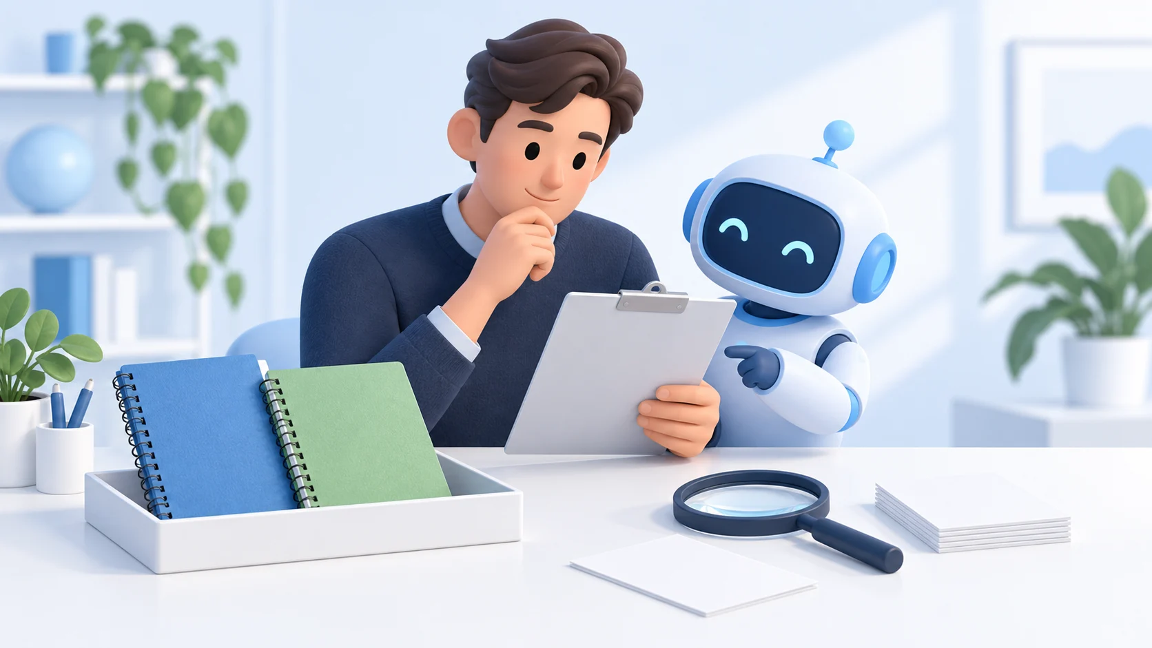 Analyst and blue AI assistant reviewing a clipboard beside blue and green paper notebooks grouped in one tray