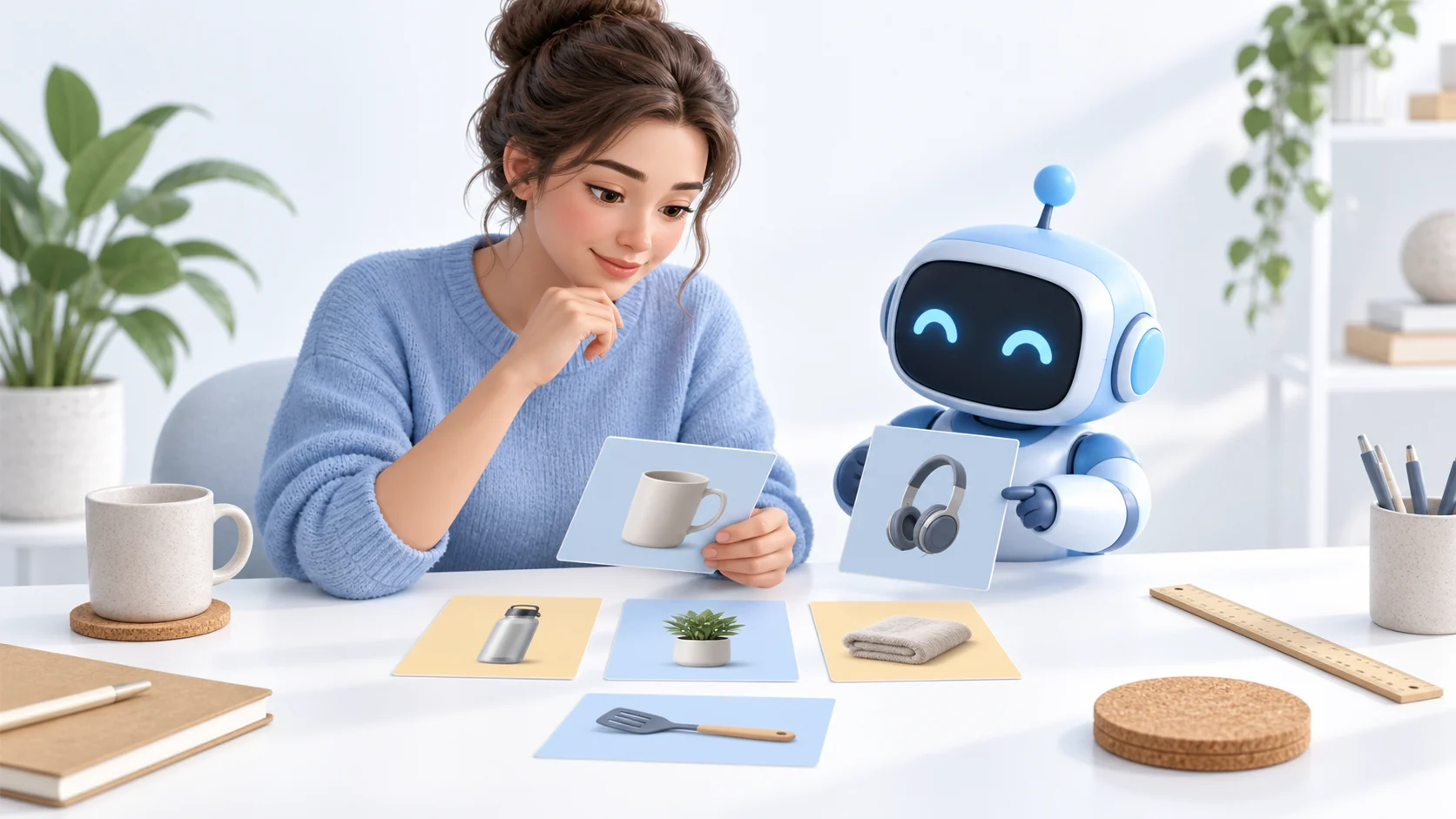 Human analyst and blue AI assistant reviewing product picture cards beside round cork coasters and a ruler