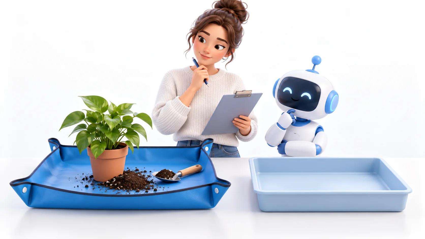 Researcher and blue AI assistant examining plant-care product candidates and a folding repotting mat