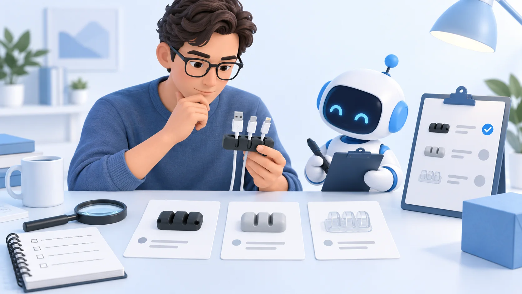 Editorial illustration of a researcher inspecting a cable holder sample beside an AI assistant and three product candidates