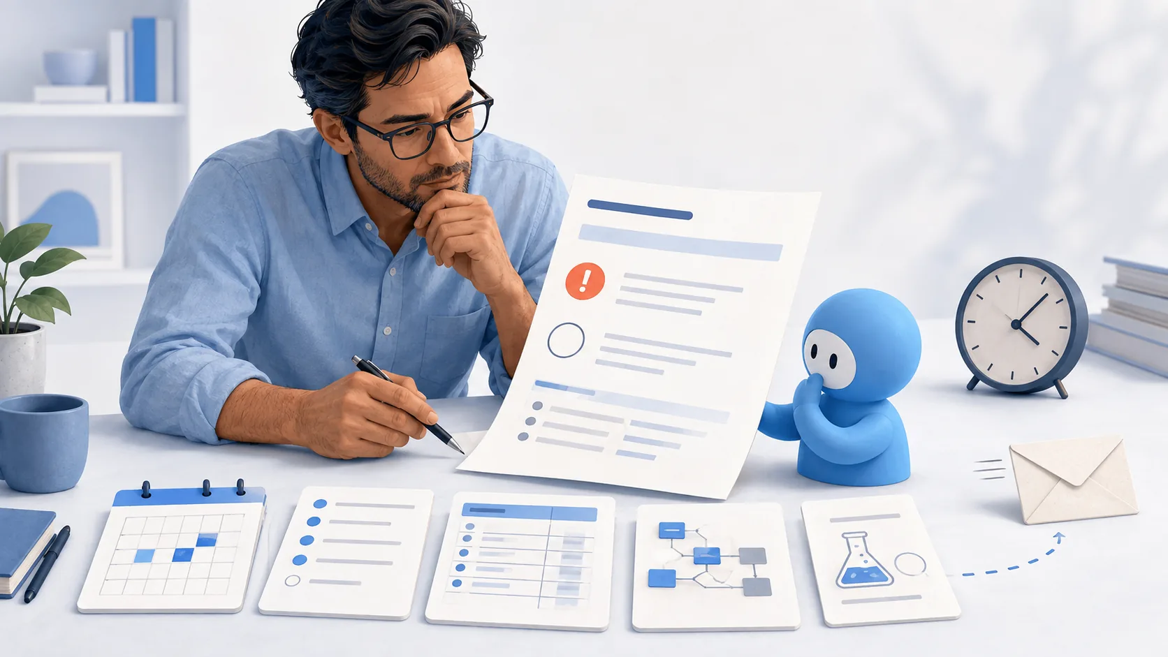 A project lead and blue AI assistant review a report with a warning and unresolved item, alongside source cards, a clock and a separate envelope