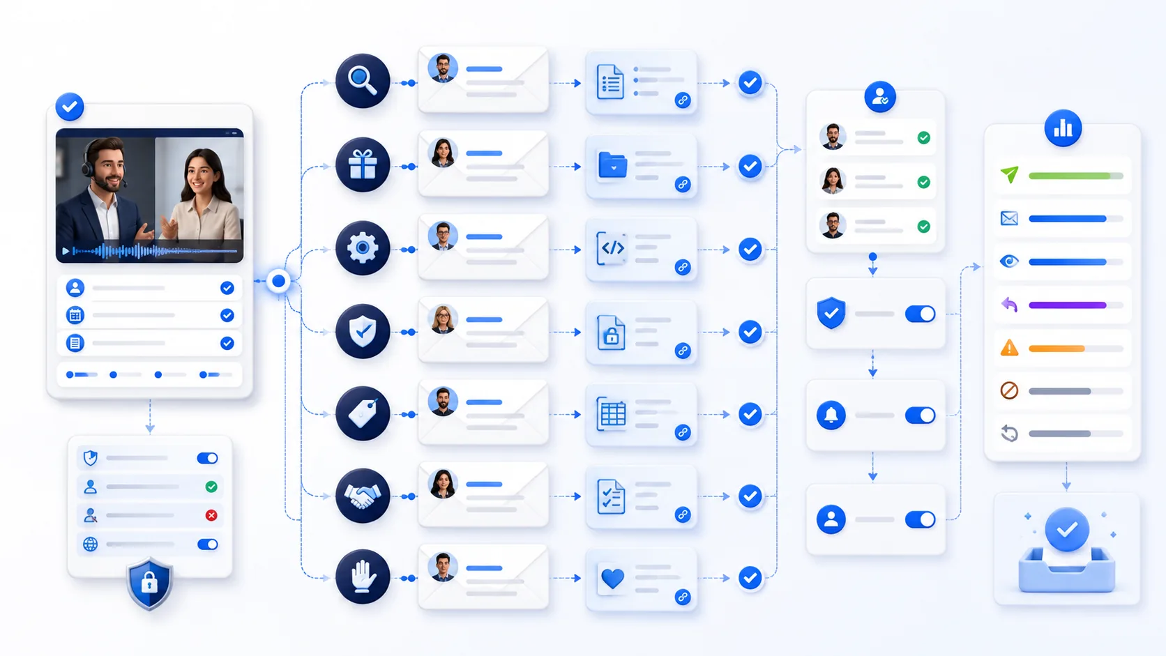 Verified sales call branching into seven evidence-linked follow-up emails with permission checks, human approval, and delivery feedback
