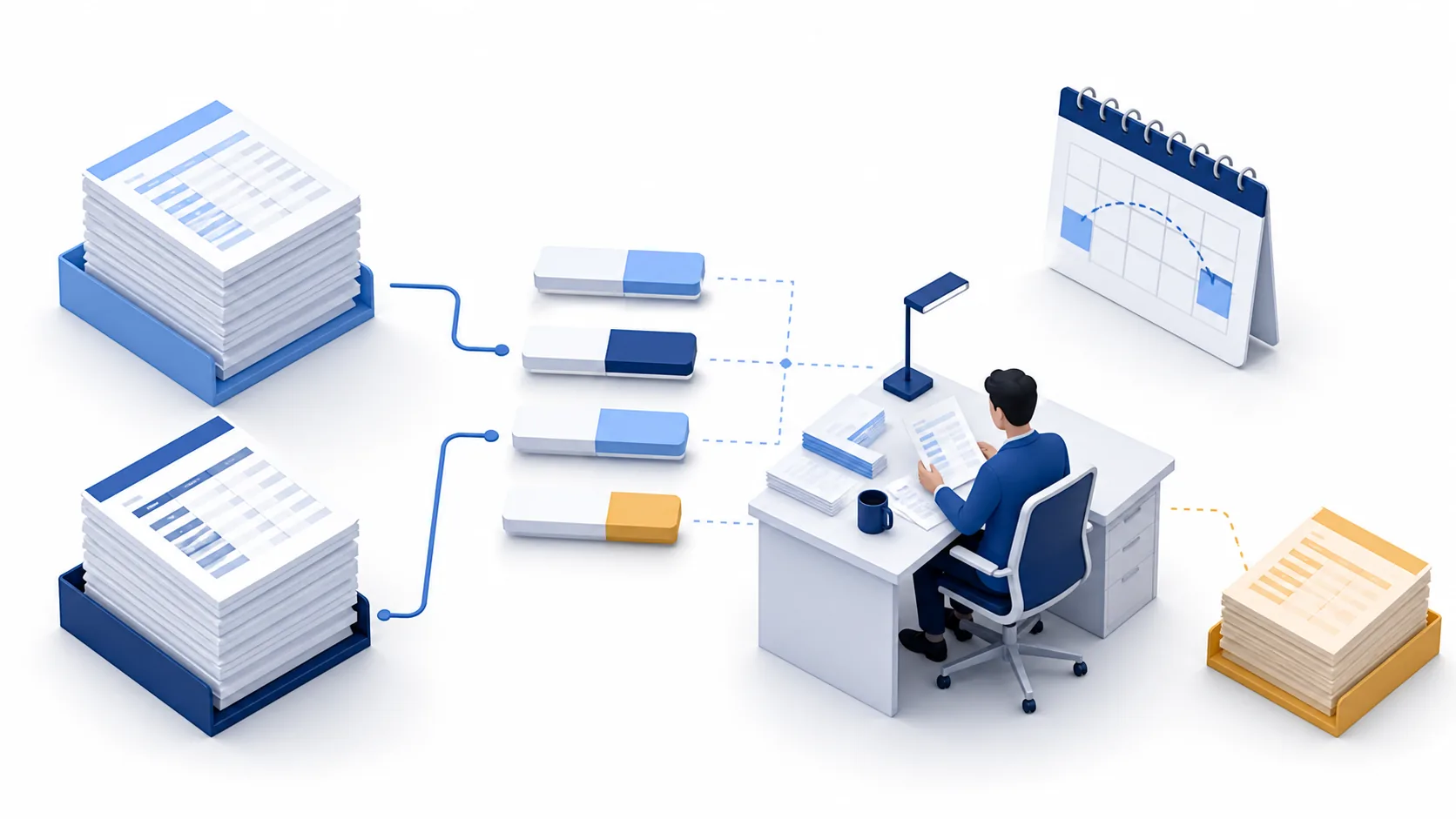 Forecast and actual cash records connect to comparison bars, a human review desk and a calendar showing movement between periods