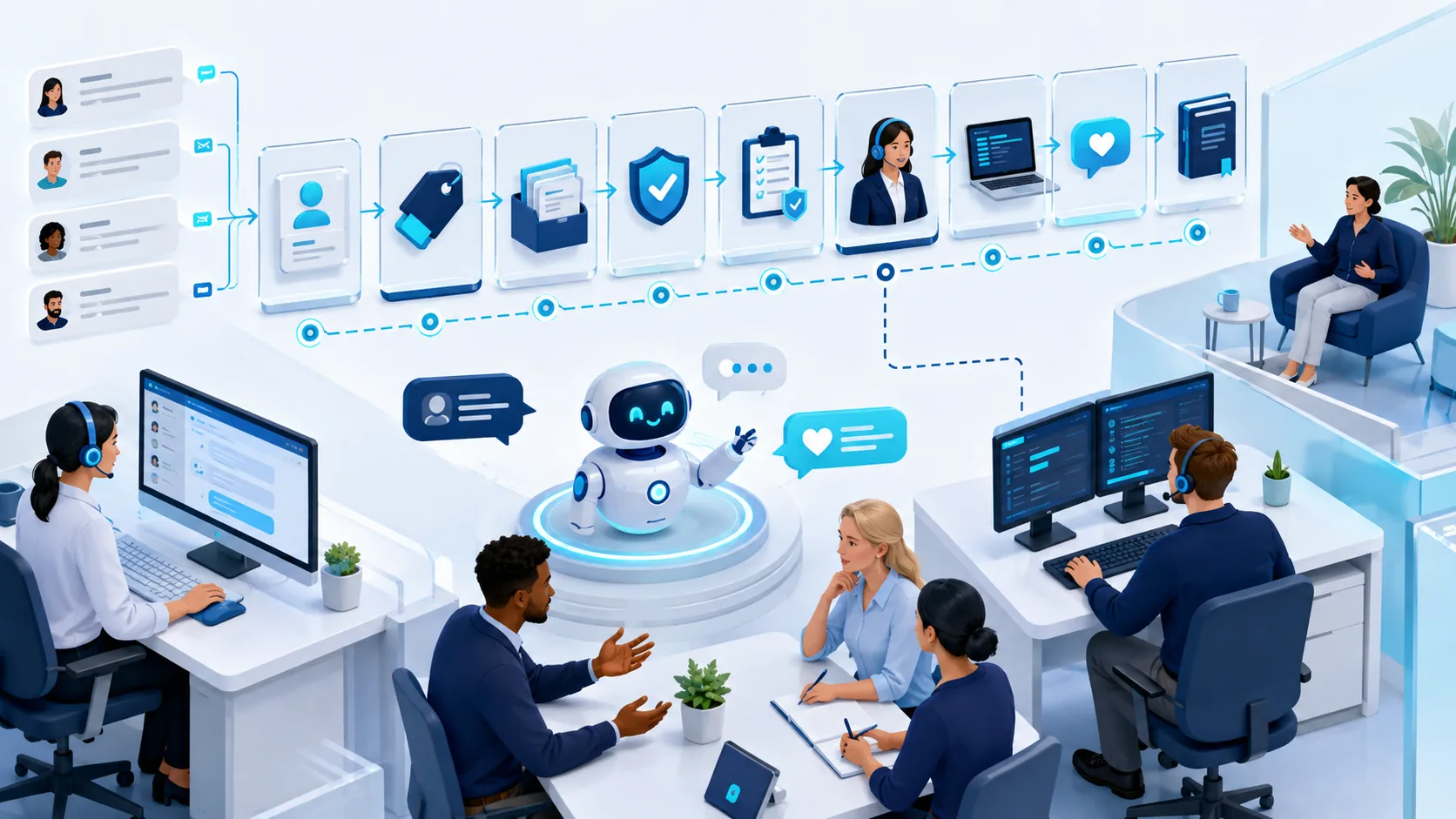 Customer service team collaborating with an AI assistant across identity, classification, knowledge, policy, troubleshooting, human handoff, and learning checkpoints