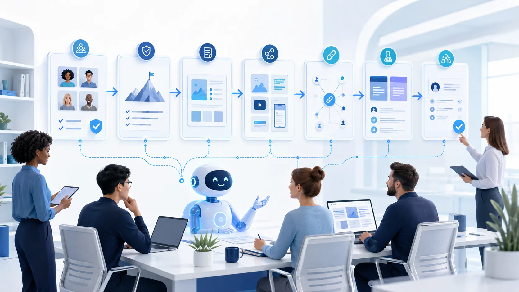 Marketing team collaborating with an AI assistant across audience evidence, approved claims, content, channels, measurement, experiments, and human approval