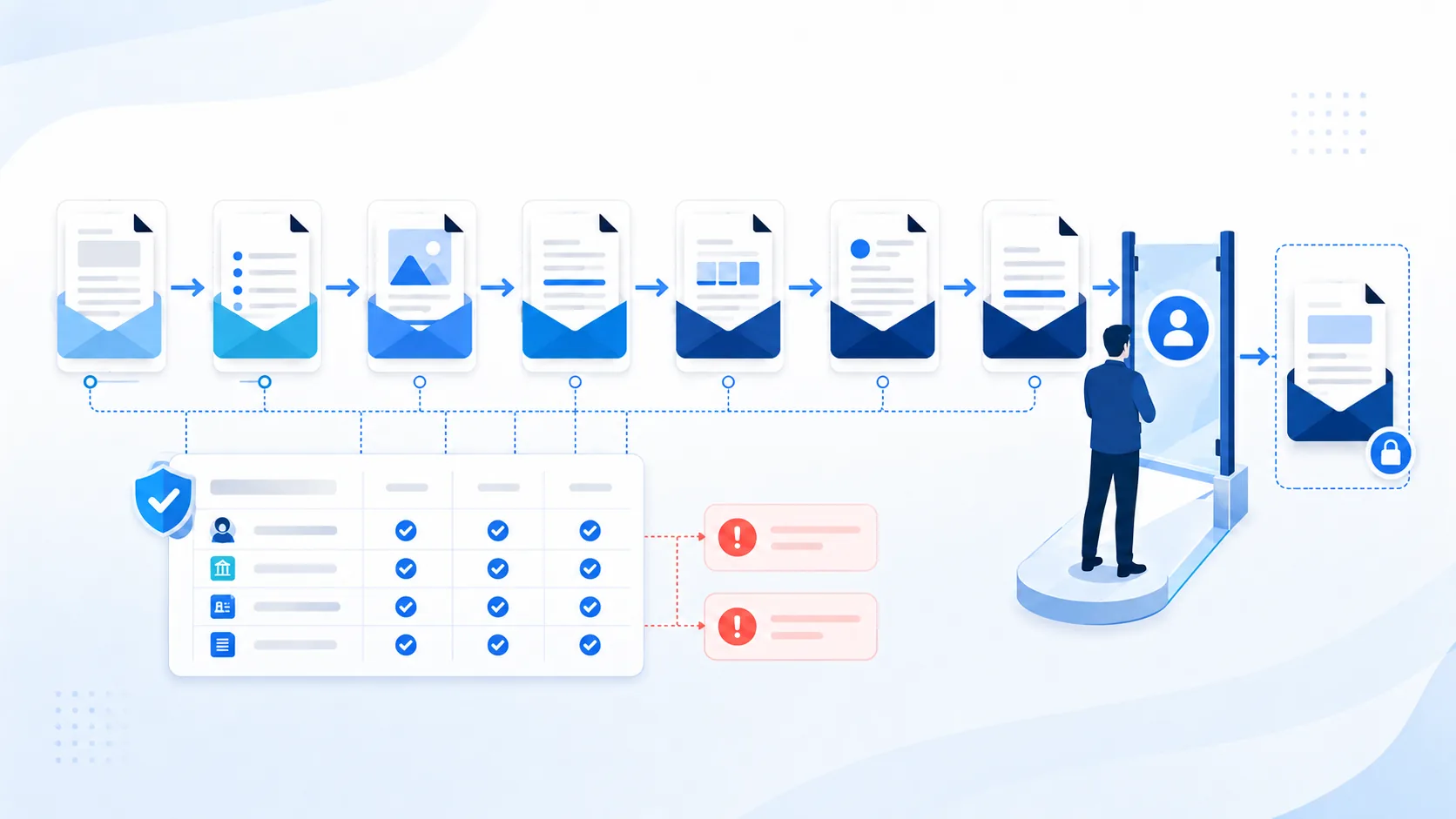 Seven abstract renewal email cards flow into an evidence ledger with two unresolved conditions, then through a human approval gate to one locked draft
