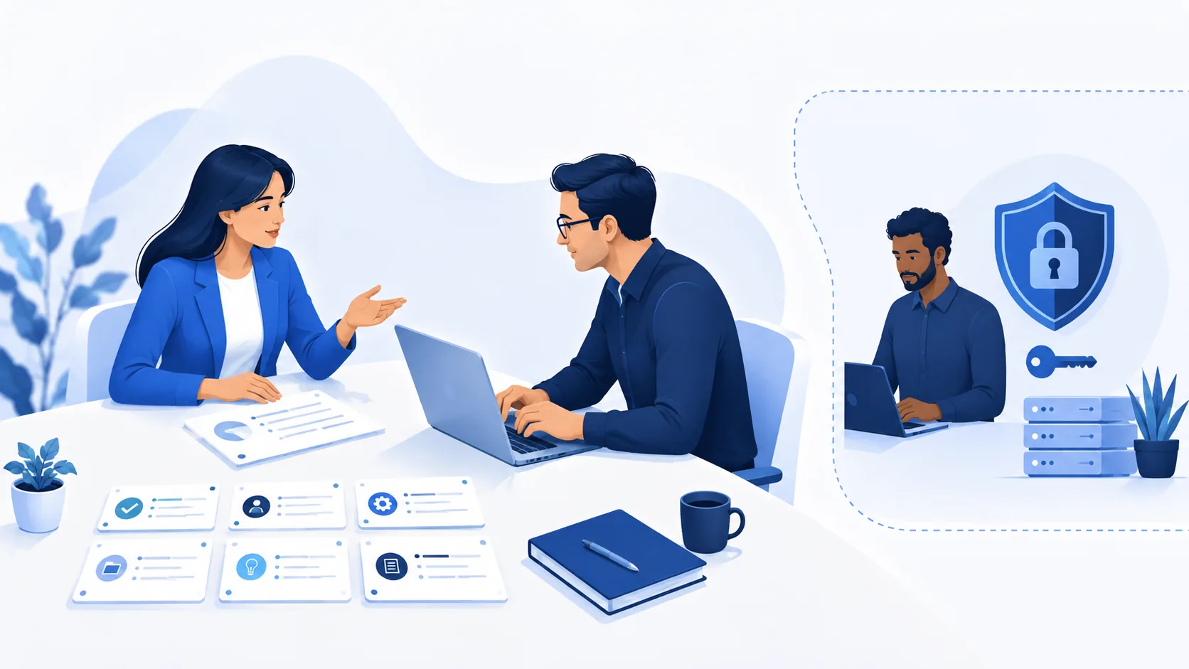 A successor rehearses work with a colleague while an administrator manages access in a separate area