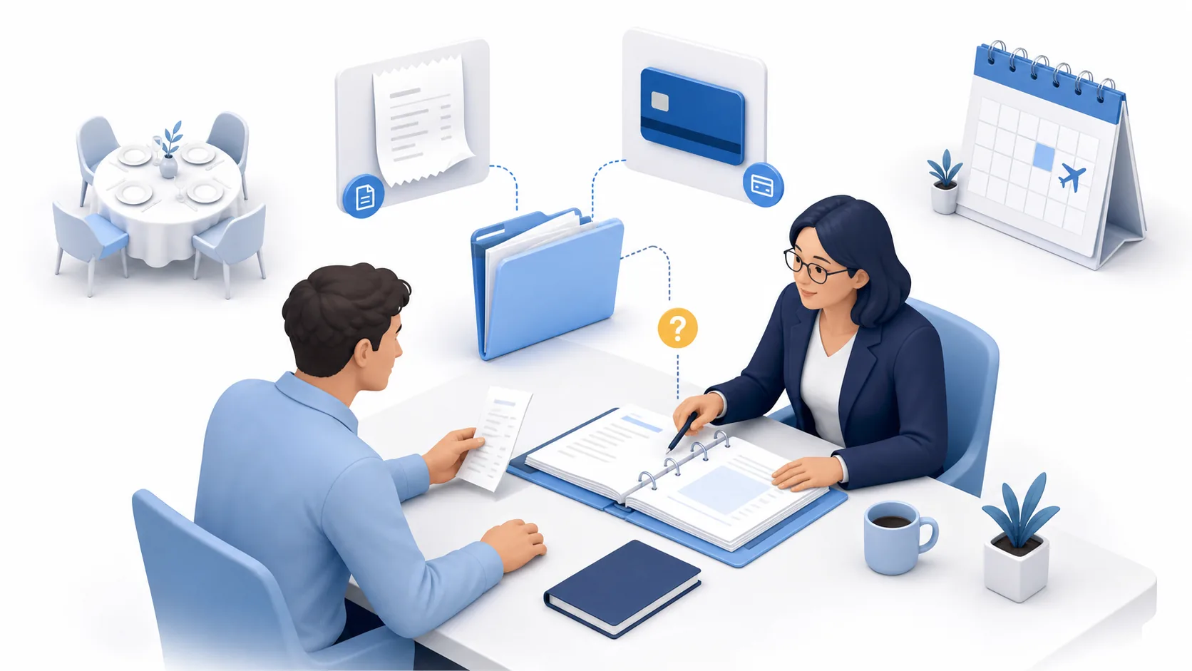 Expense policy review: an employee and reviewer compare a receipt with rules, a card record and business-travel context