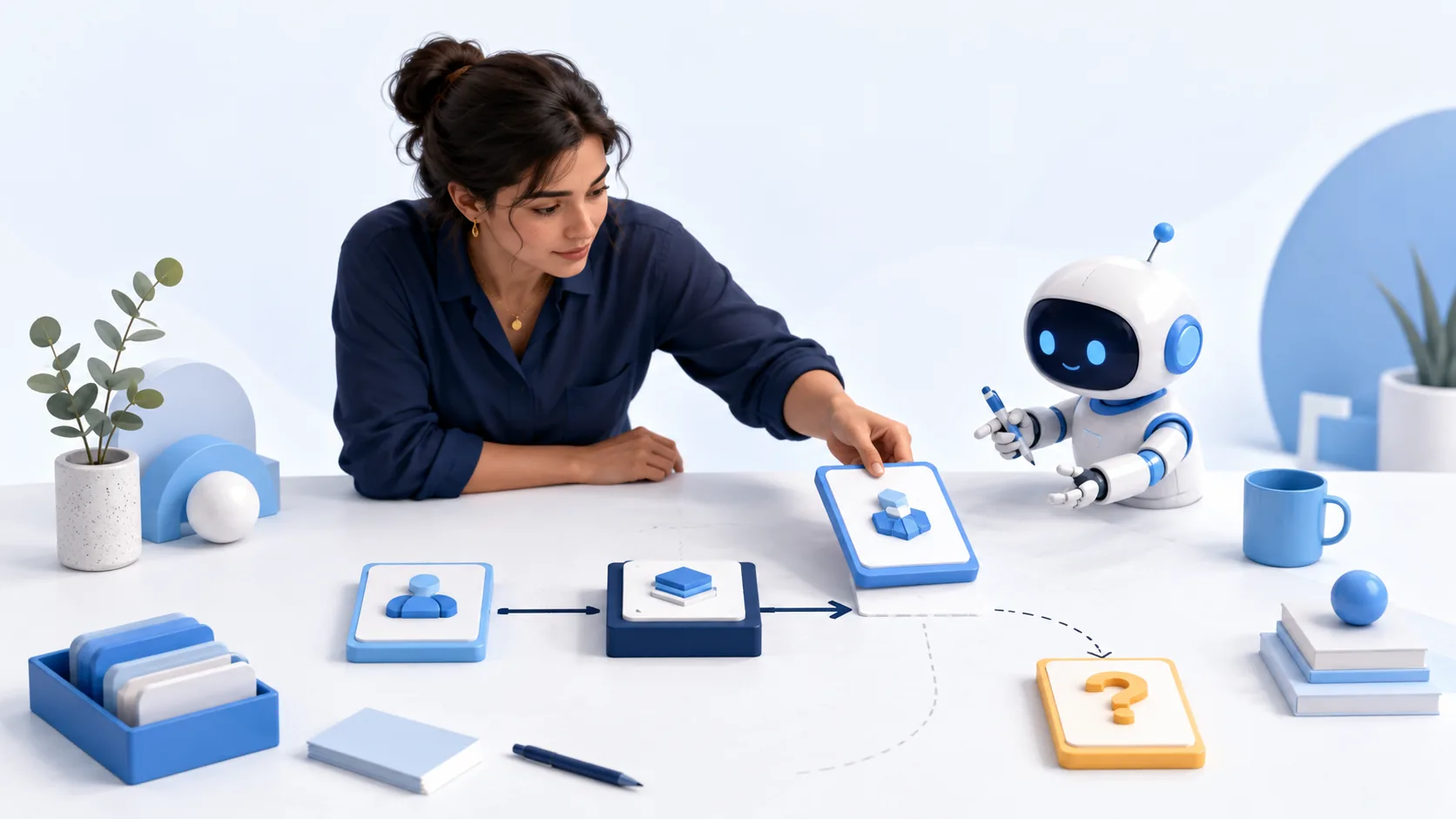 A product lead chooses a feature card beside an AI assistant, a shared foundation block and a separate amber question-mark card