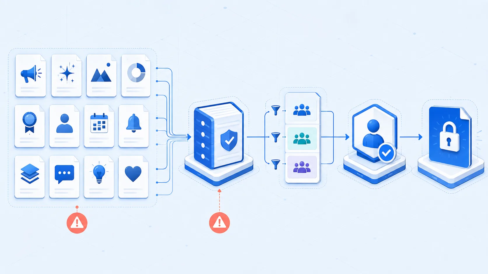 Exactly twelve abstract announcement cards flow into a verified source ledger, three audience groups, a human approval gate and one locked release card, with two unresolved warnings