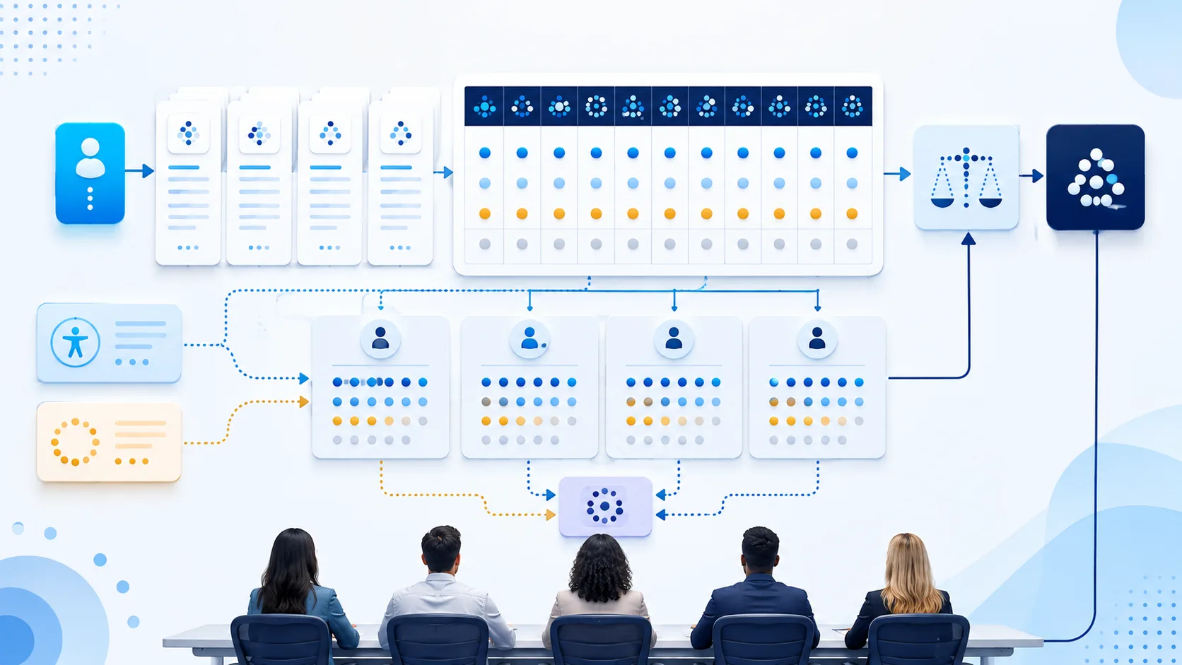 Standardized interview evidence flows through ten unlabeled criteria, independent interviewer lanes, accommodation, disagreement review, and a human panel