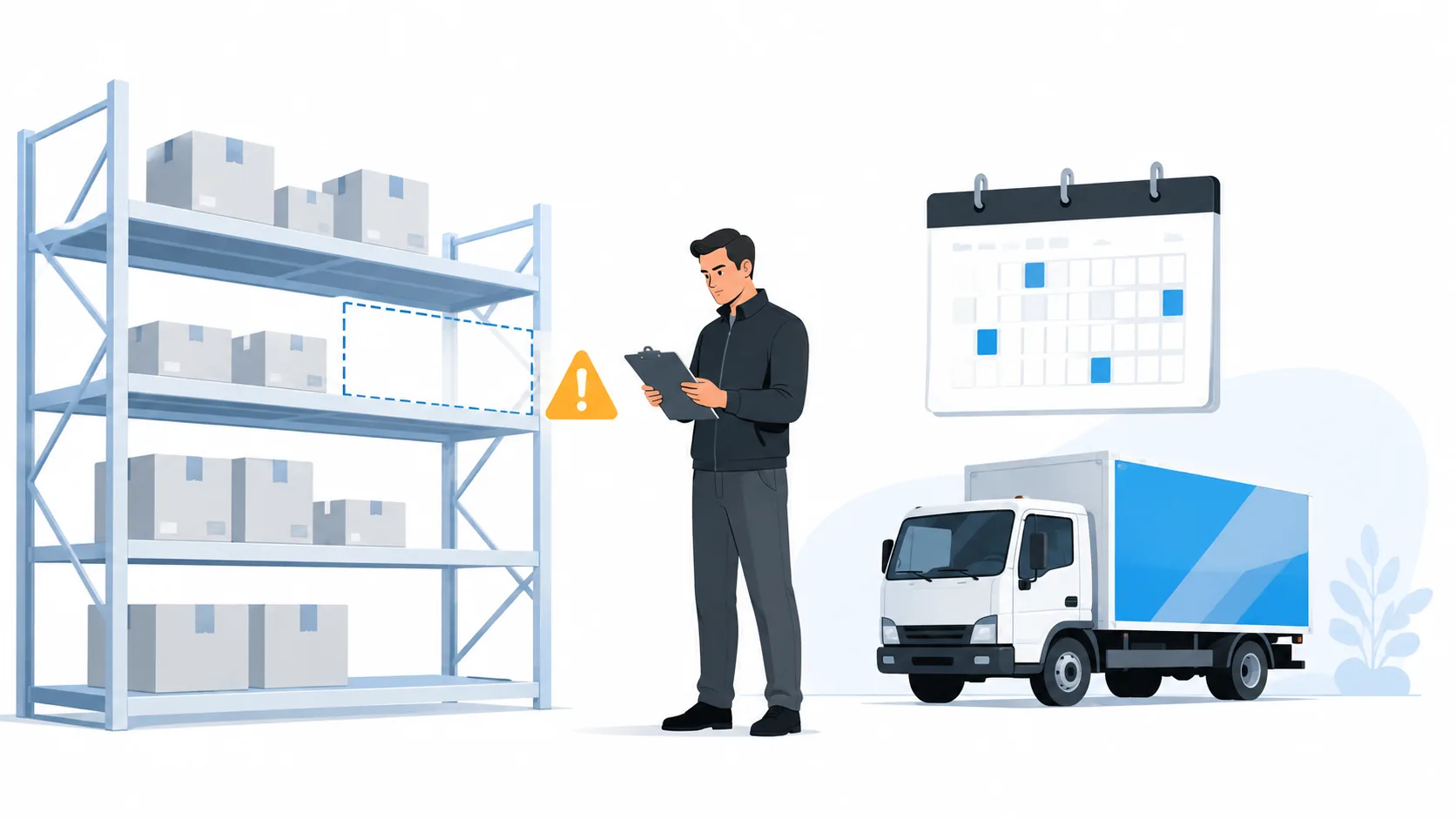 Inventory planner checking a clipboard beside warehouse shelves, an empty stock bay, a calendar and an incoming delivery truck