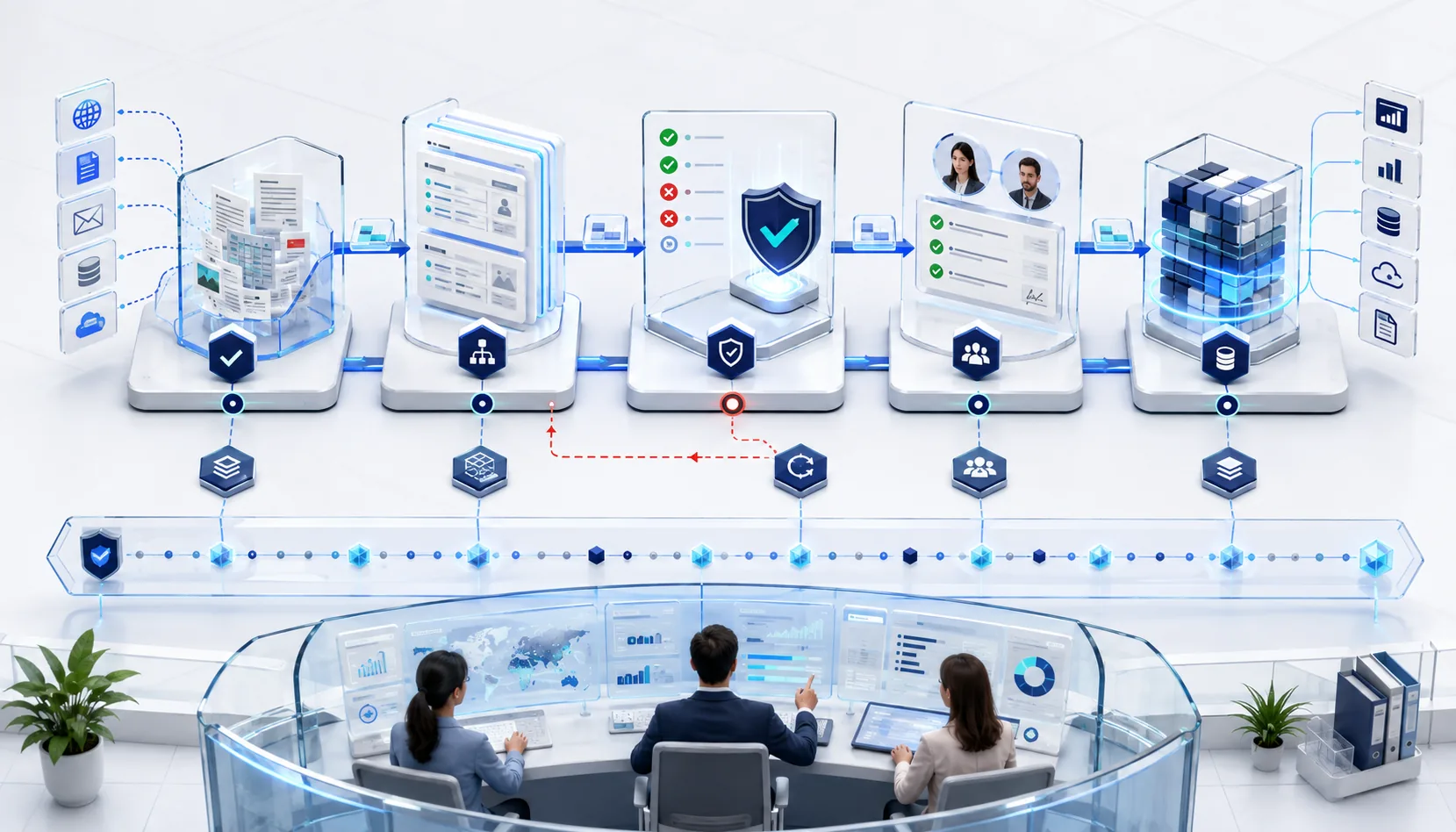 Human team supervising a five-stage prompt chain with verified intake, structured extraction, validation, approval, controlled output, retry routing, and an audit trail