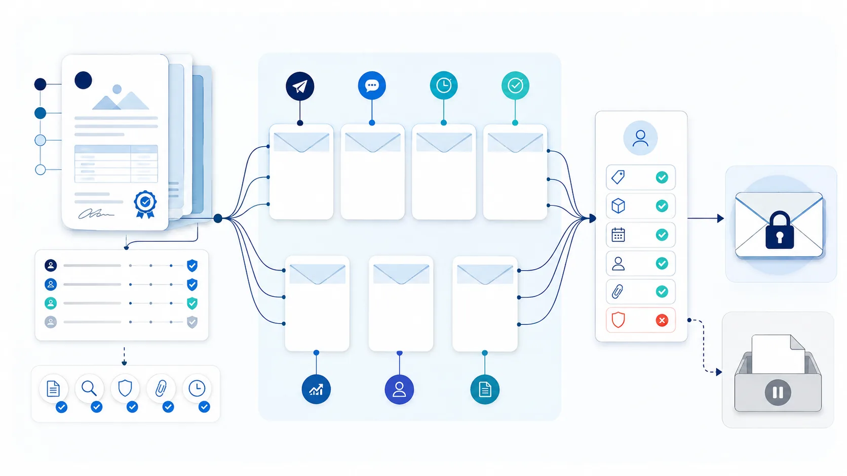 One version-controlled proposal and buyer-state ledger branch into exactly seven follow-up email drafts, claim review, pause route and locked unsent output