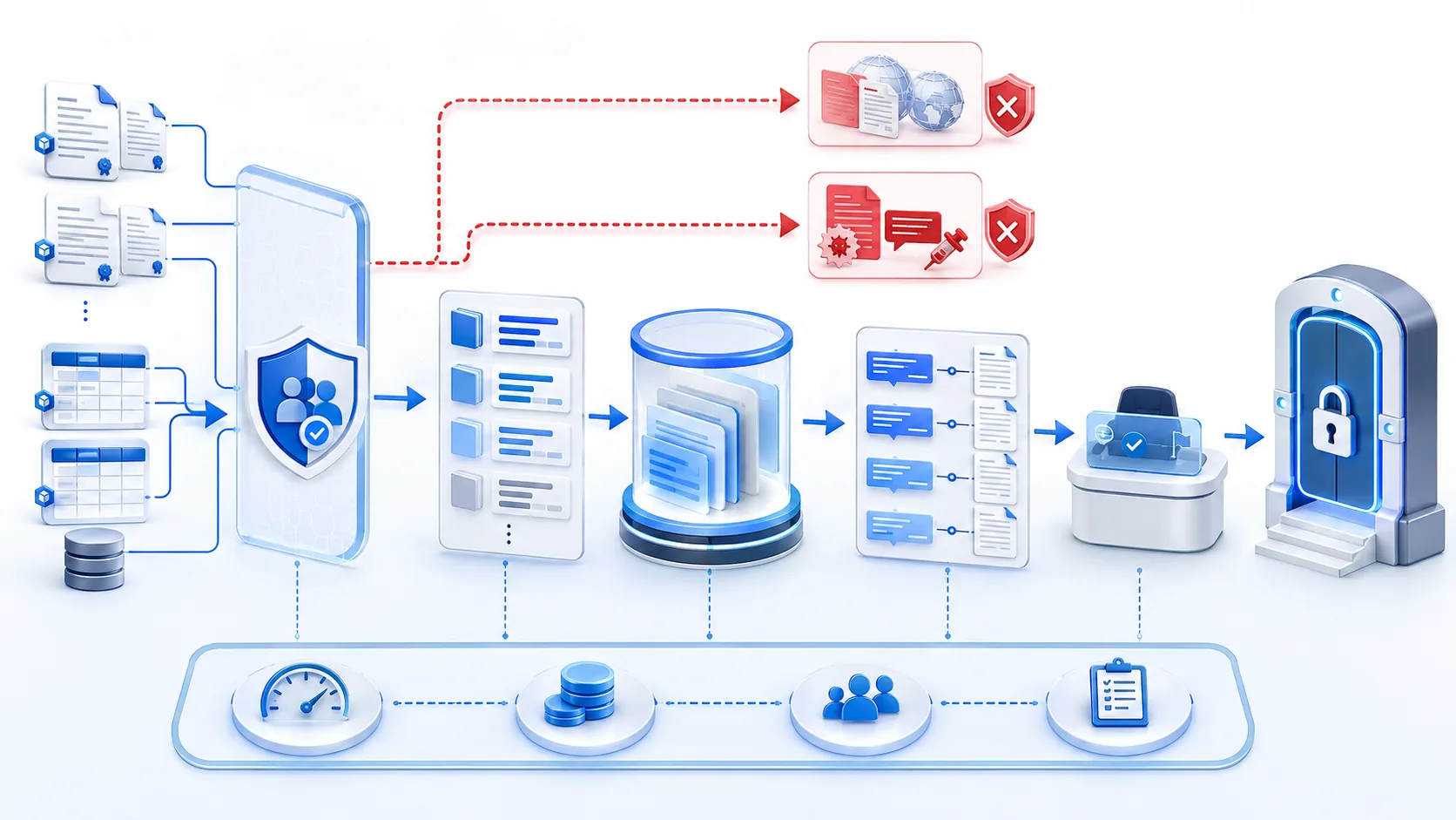 A governed RAG evaluation path moves from versioned documents and tables through permission checks, ranked retrieval, context assembly, claim-to-citation review and a locked release gate while cross-tenant and prompt-injection paths are rejected