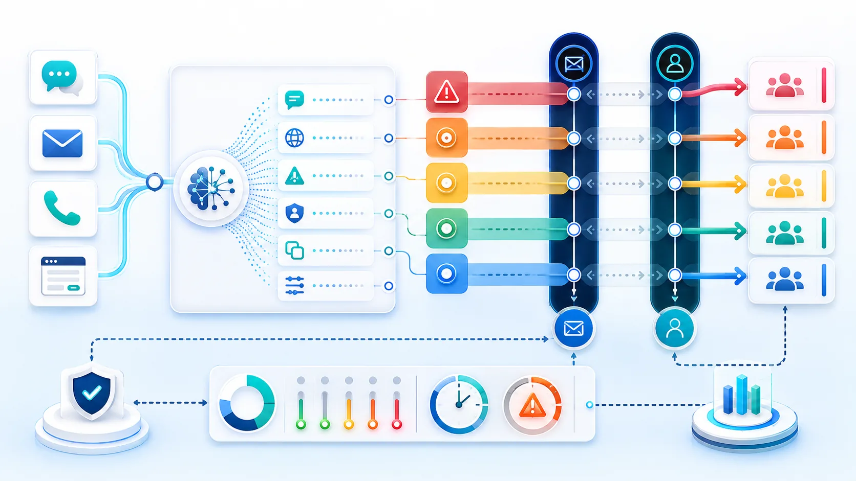 Multichannel messages pass through AI-assisted triage lanes, risk gates, human response checkpoints, capacity monitoring, and auditable team routing