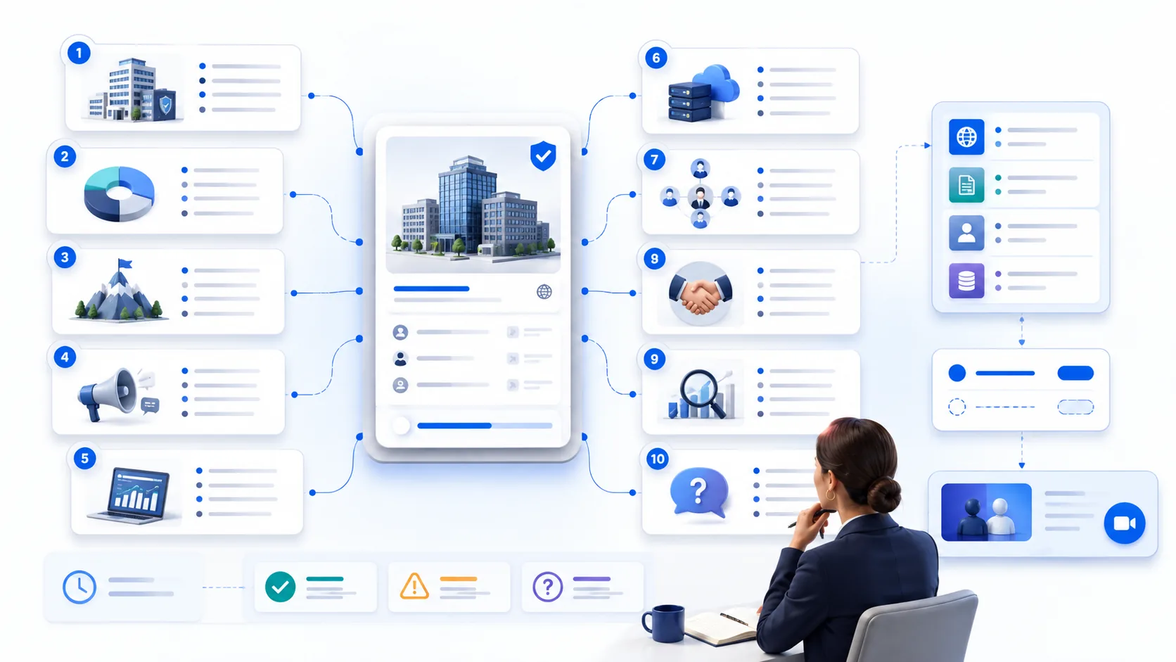 Verified company dossier connected to ten account research fields, source states, human review, and sales-call preparation