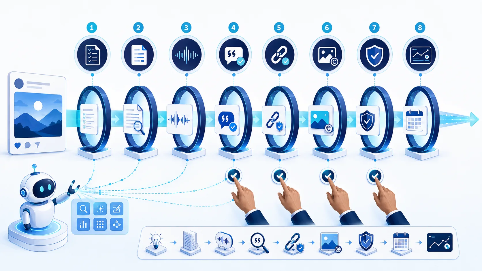 A social post moves through eight approval gates while an AI assistant supports evidence checks and people authorize high-risk decisions