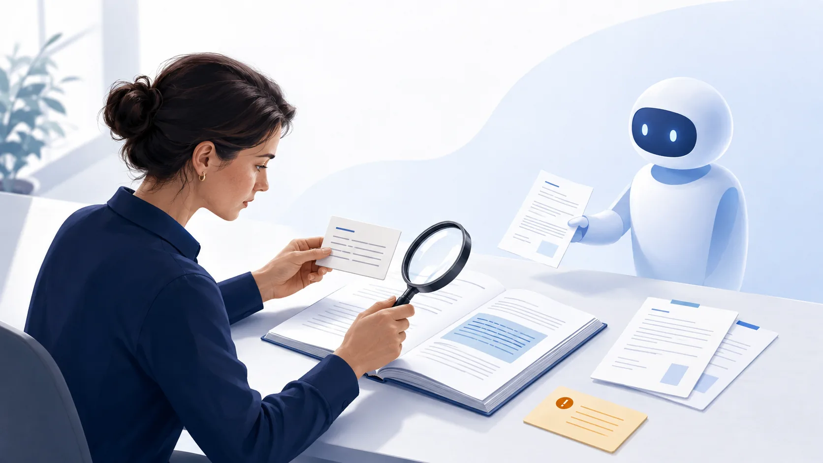 A researcher compares a claim card with a highlighted source passage while an assistant offers a document and an amber card marks unresolved evidence