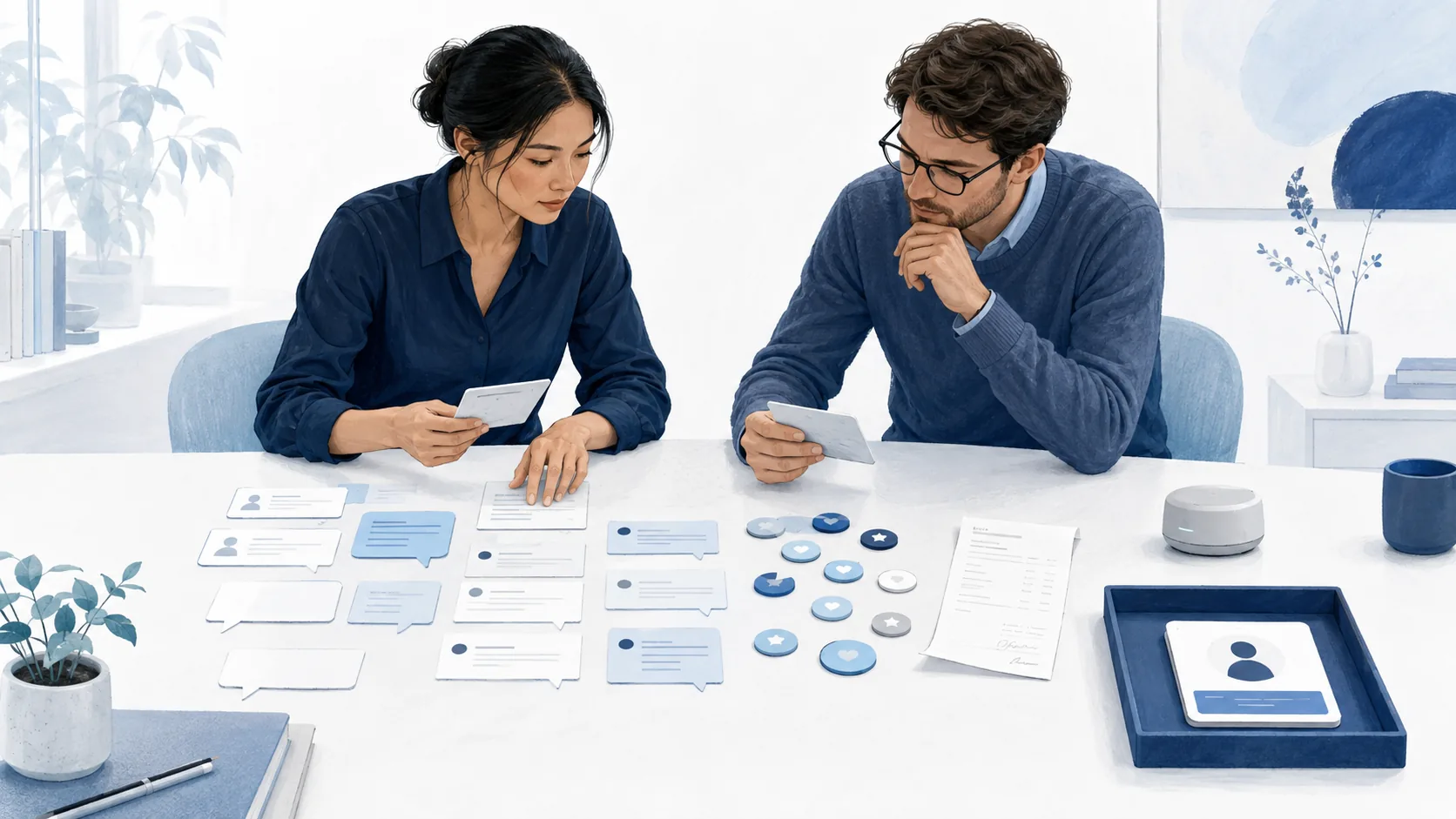 Two researchers review grouped customer feedback cards, rating tokens and an invoice beside a separate action tray