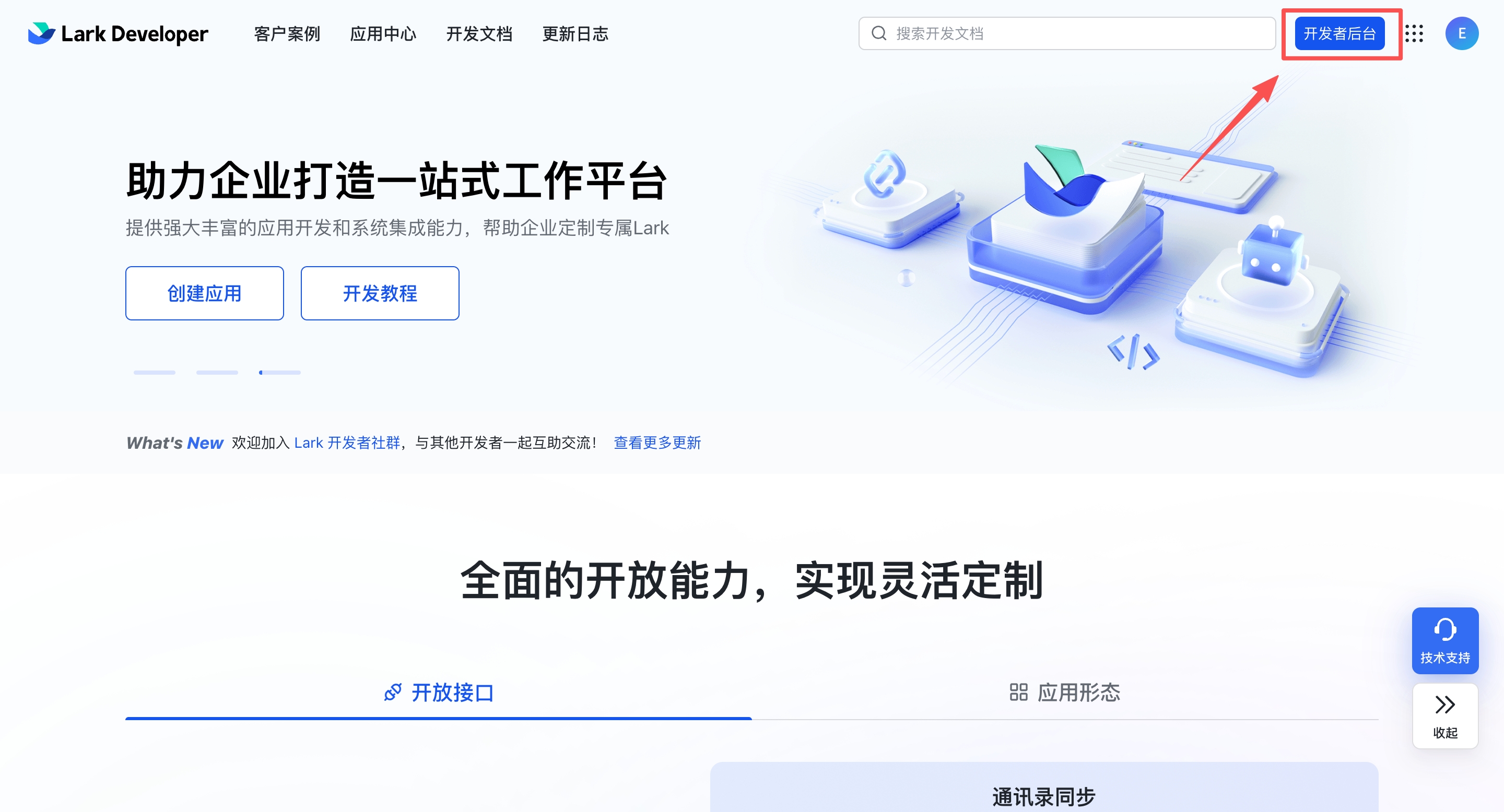 Back on the Lark Open Platform — click Developer Backend in the top-right corner
