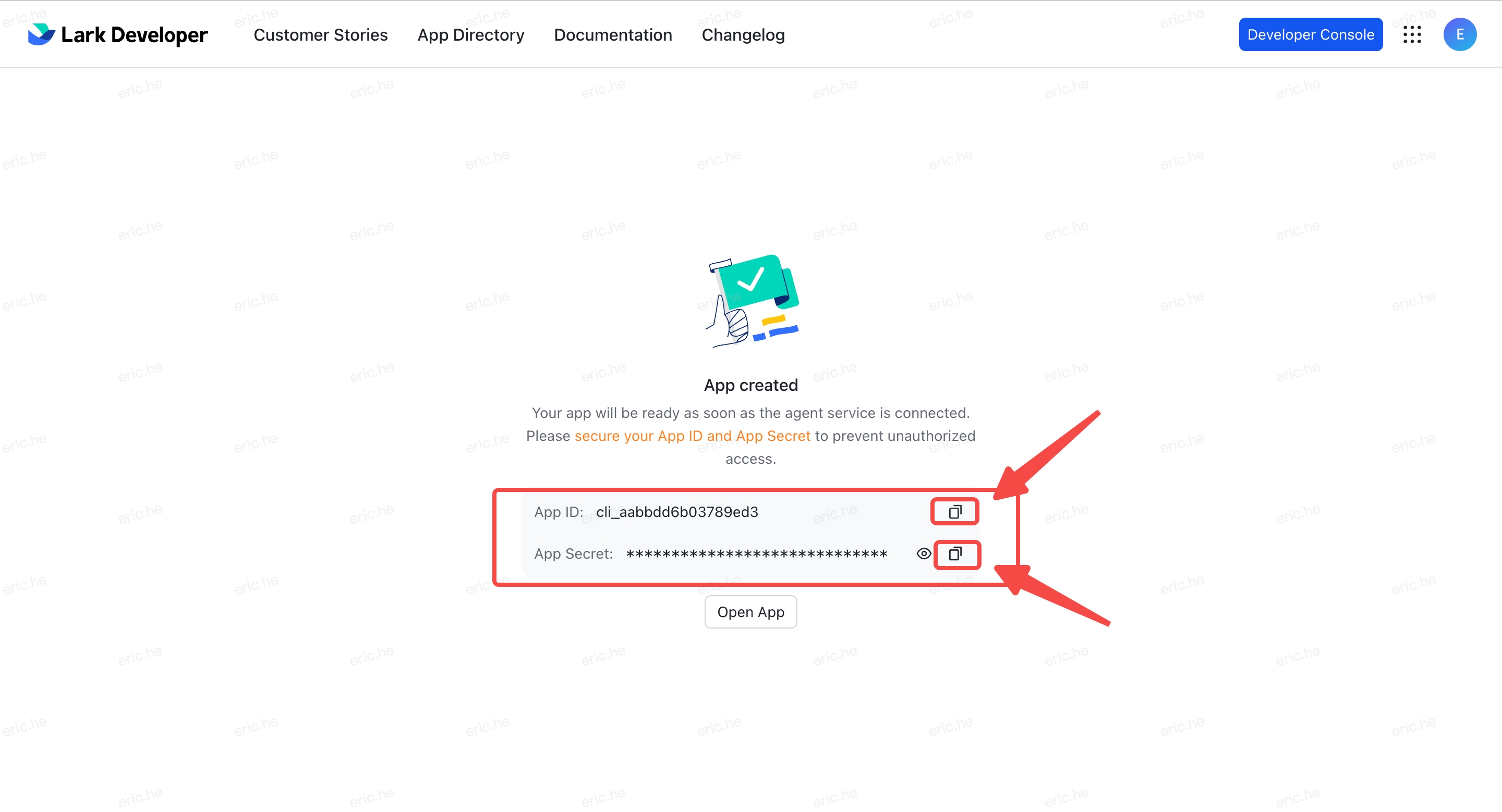 Created Successfully page — copy App ID and App Secret
