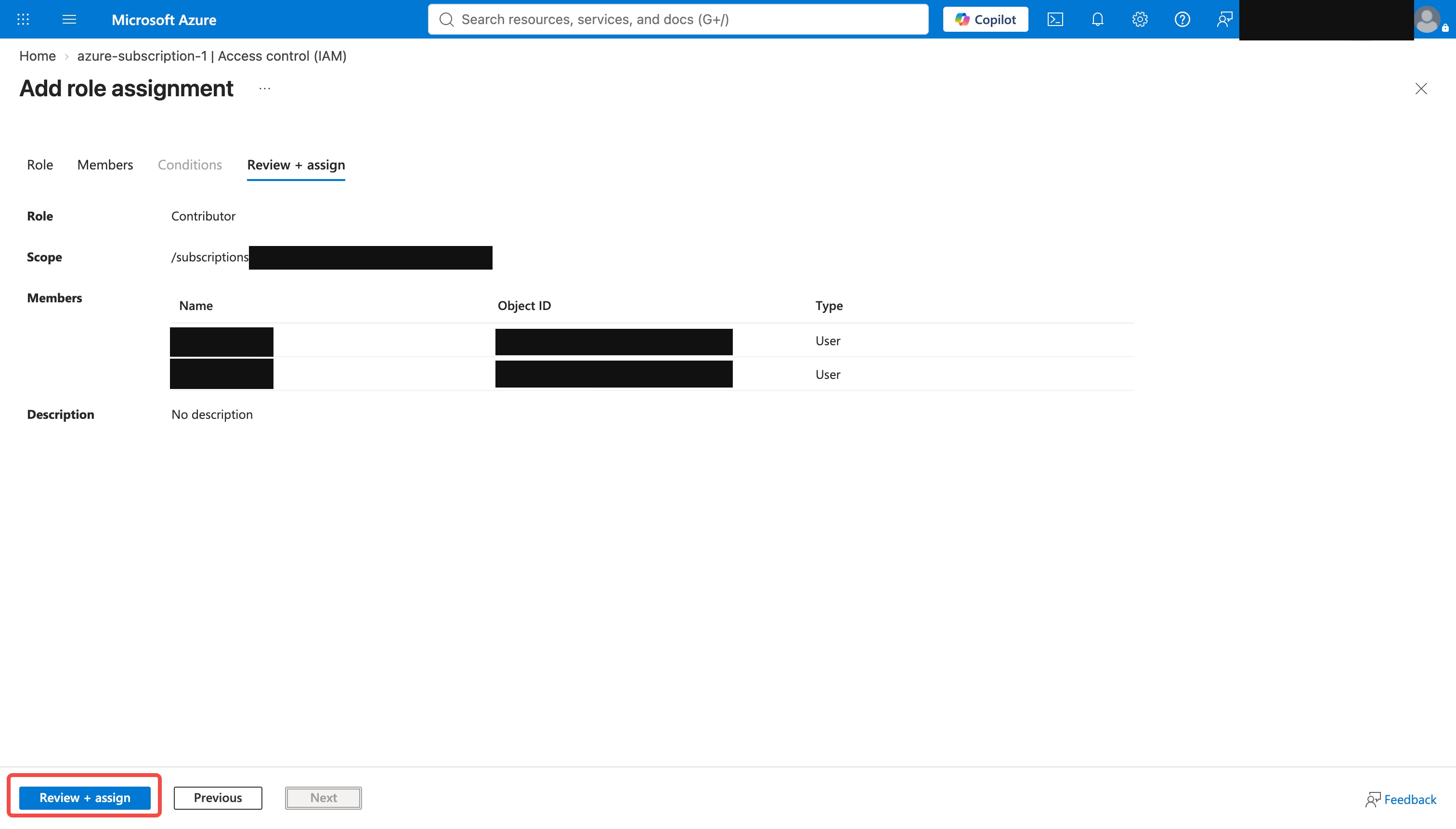 Review + assign — confirm the role and member, then finish the assignment