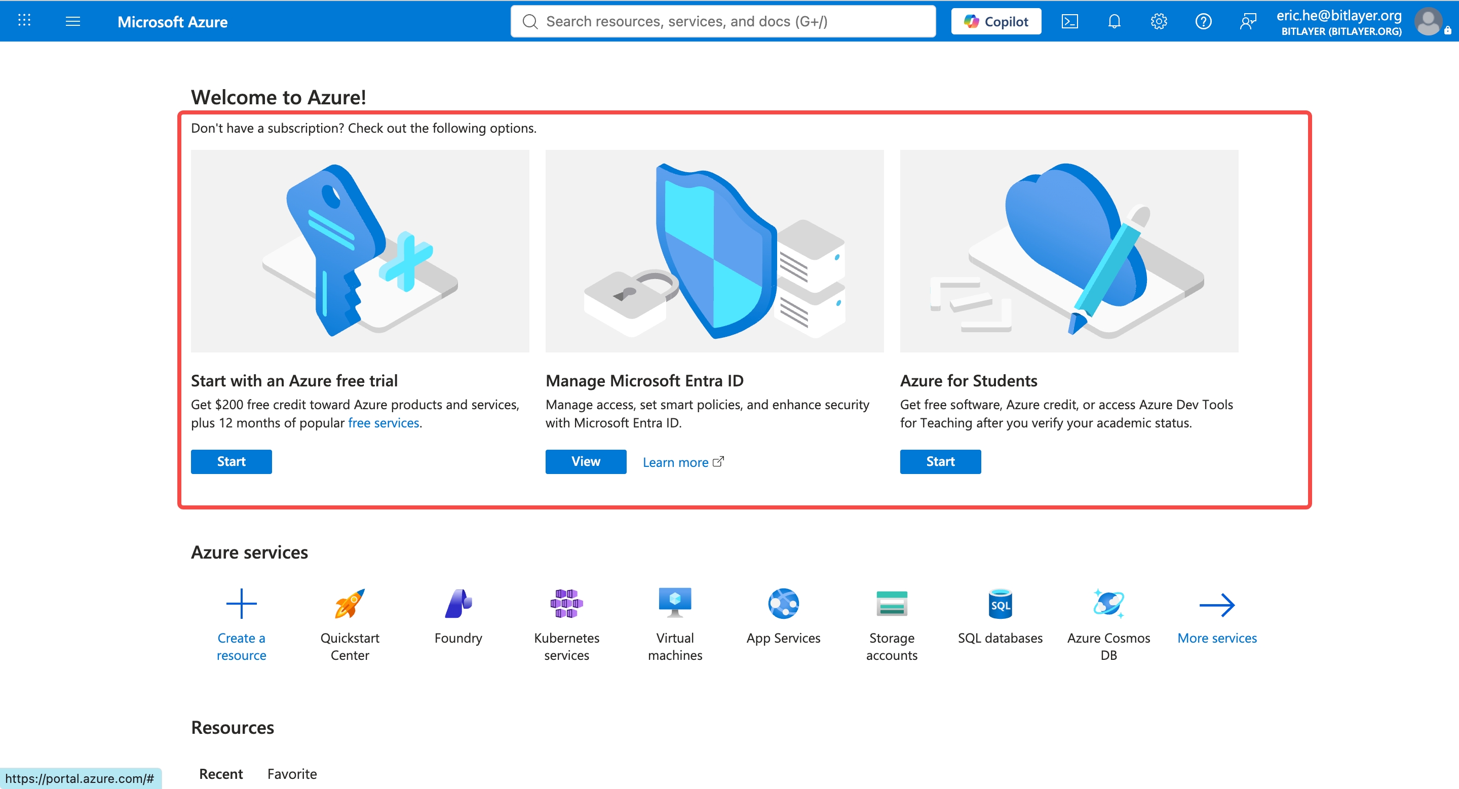 Azure Portal home — subscription options if you do not have one yet