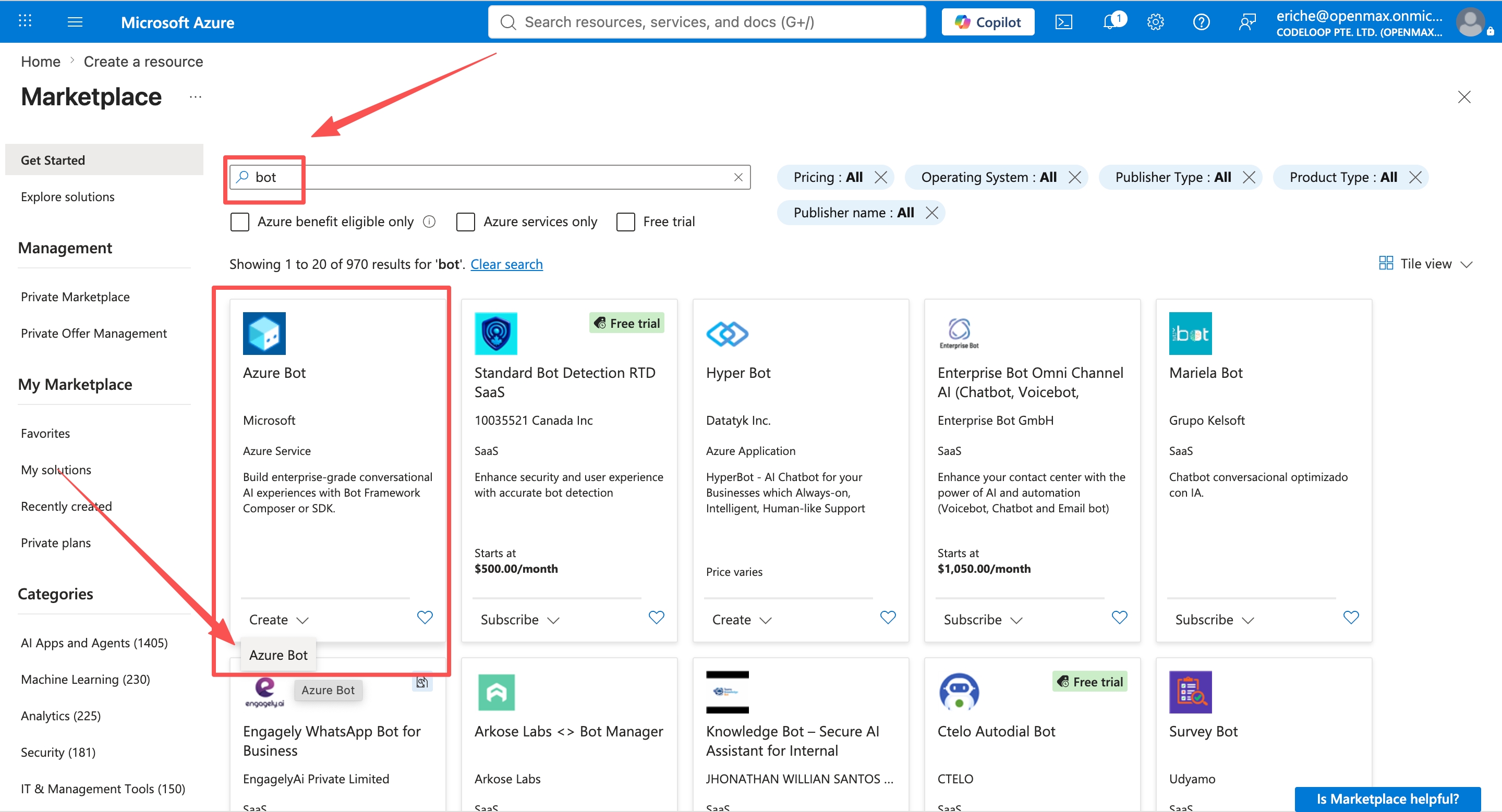 Marketplace — search for bot and create an Azure Bot