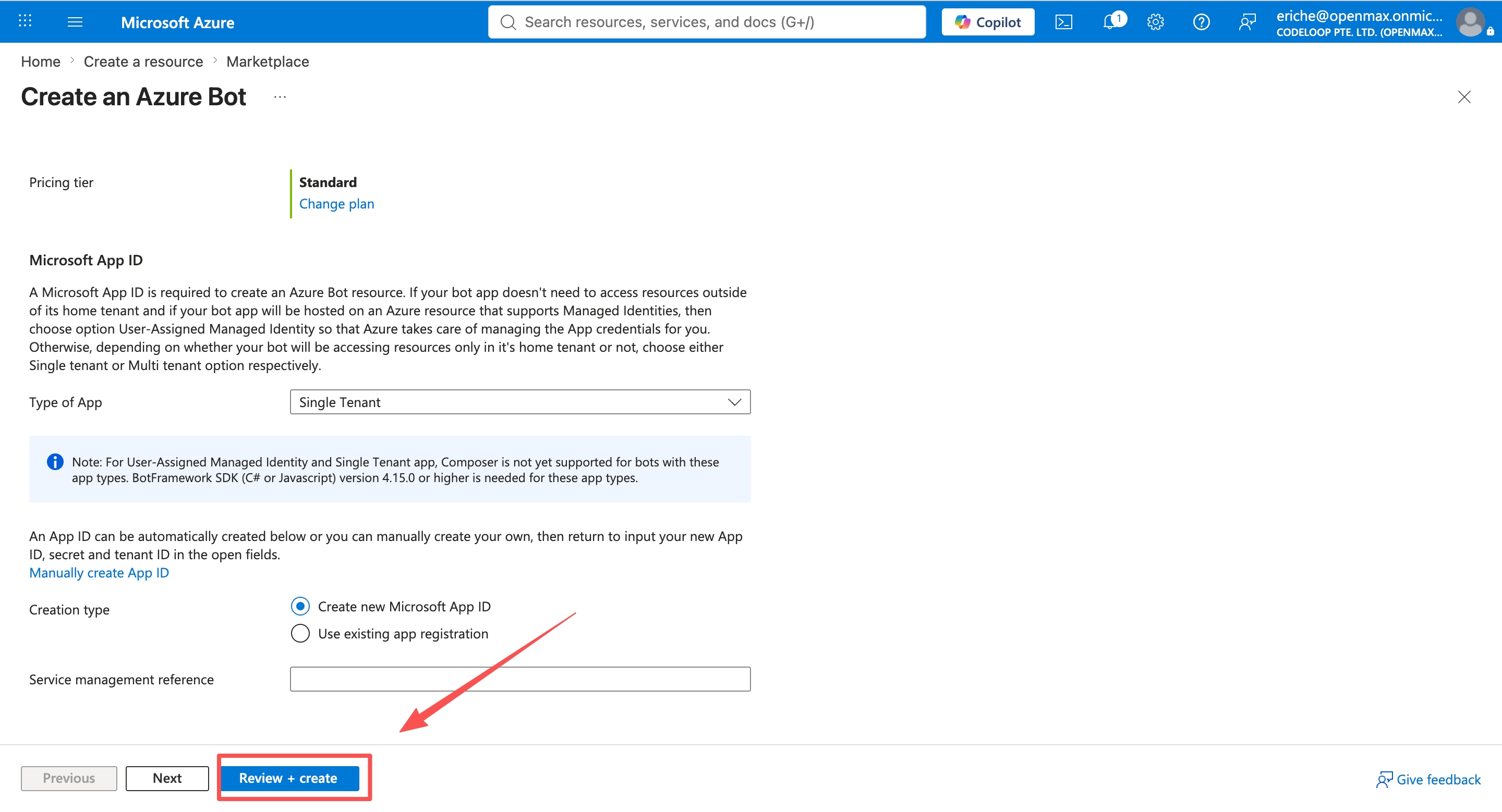Create an Azure Bot — Single Tenant, Create new Microsoft App ID, then Review + create